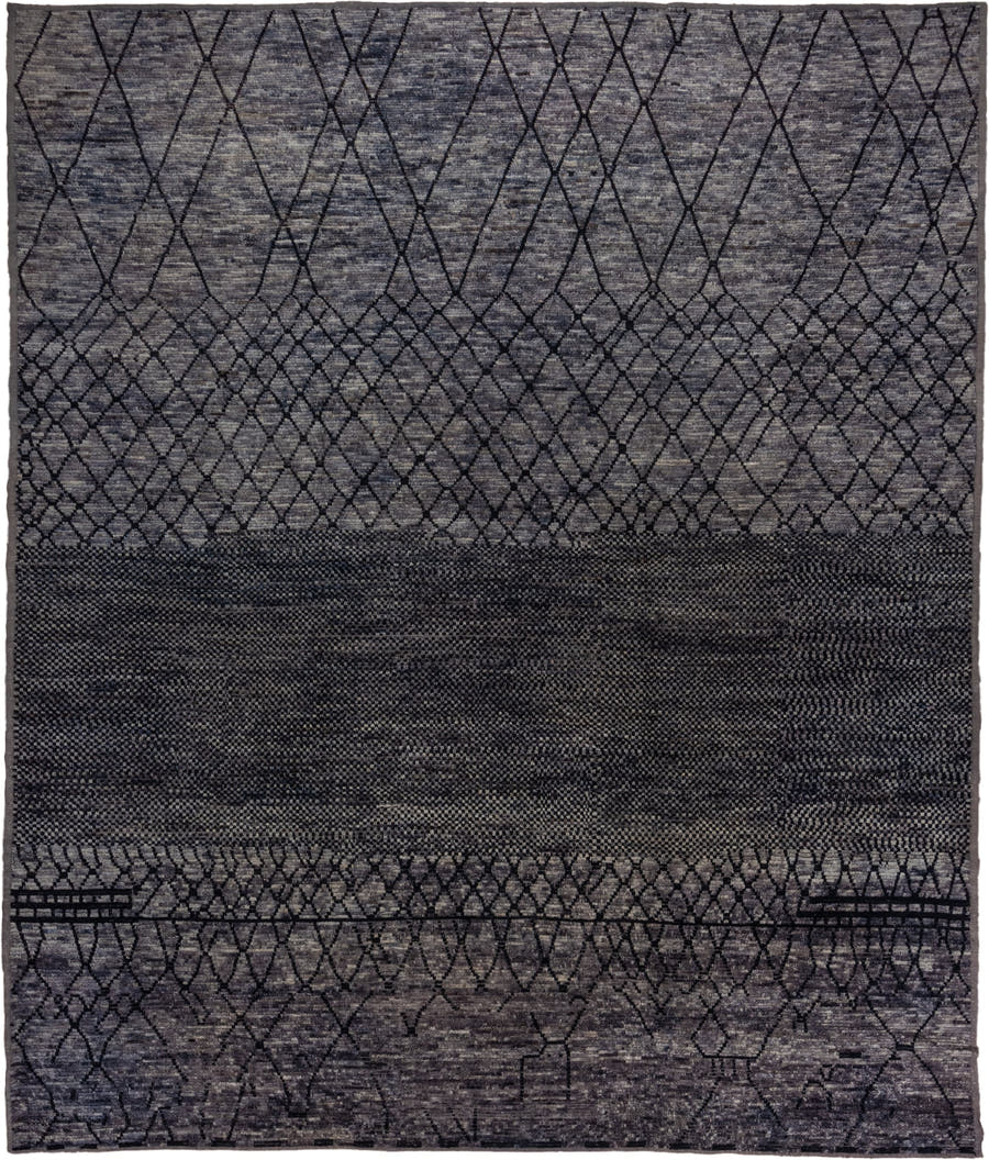 12' x 15' one-of-a-kind handmade vintage Tulu oversize rug. Color palette: charcoal, slate, gray, taupe, ebony, black, beige
