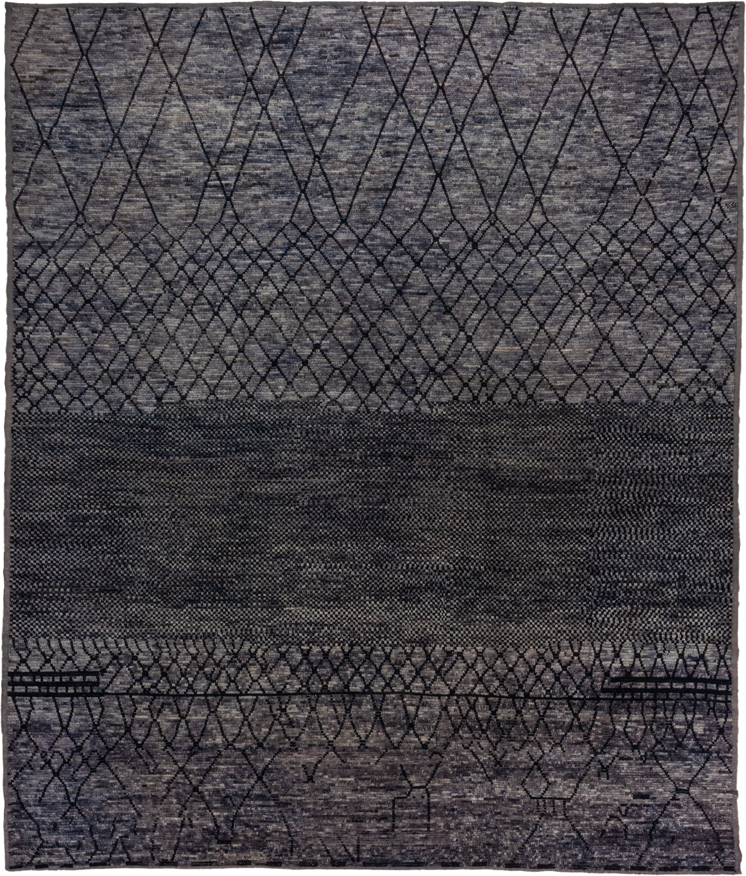 12' x 15' one-of-a-kind handmade vintage Tulu oversize rug. Color palette: charcoal, slate, gray, taupe, ebony, black, beige