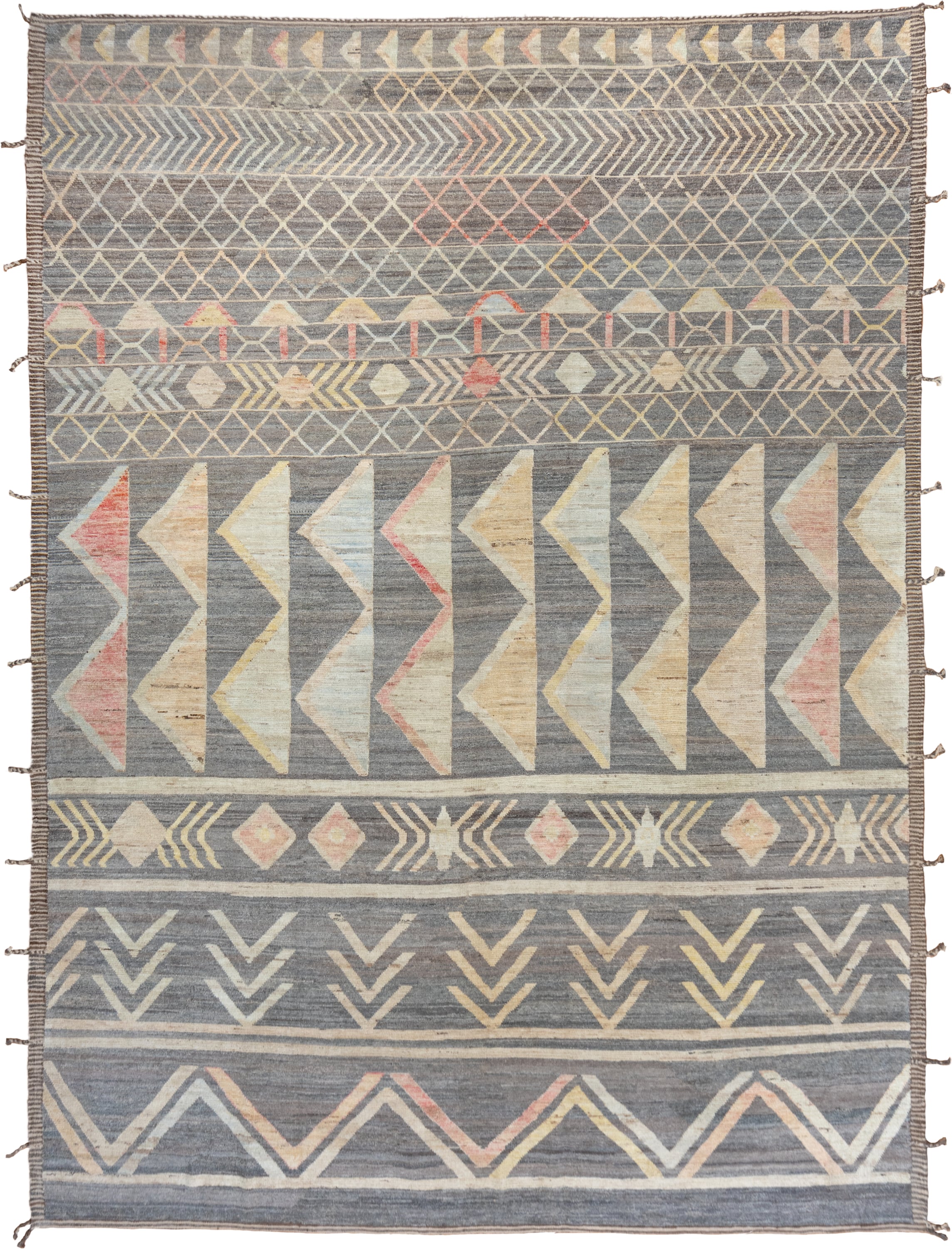 10' x 13' one-of-a-kind handmade vintage Tulu large size rug. Color palette: gray, ivory, blush, pale gold, light blue