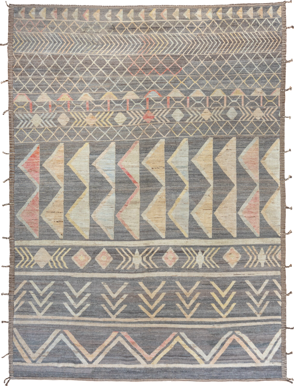 10' x 13' one-of-a-kind handmade vintage Tulu large size rug. Color palette: gray, ivory, blush, pale gold, light blue