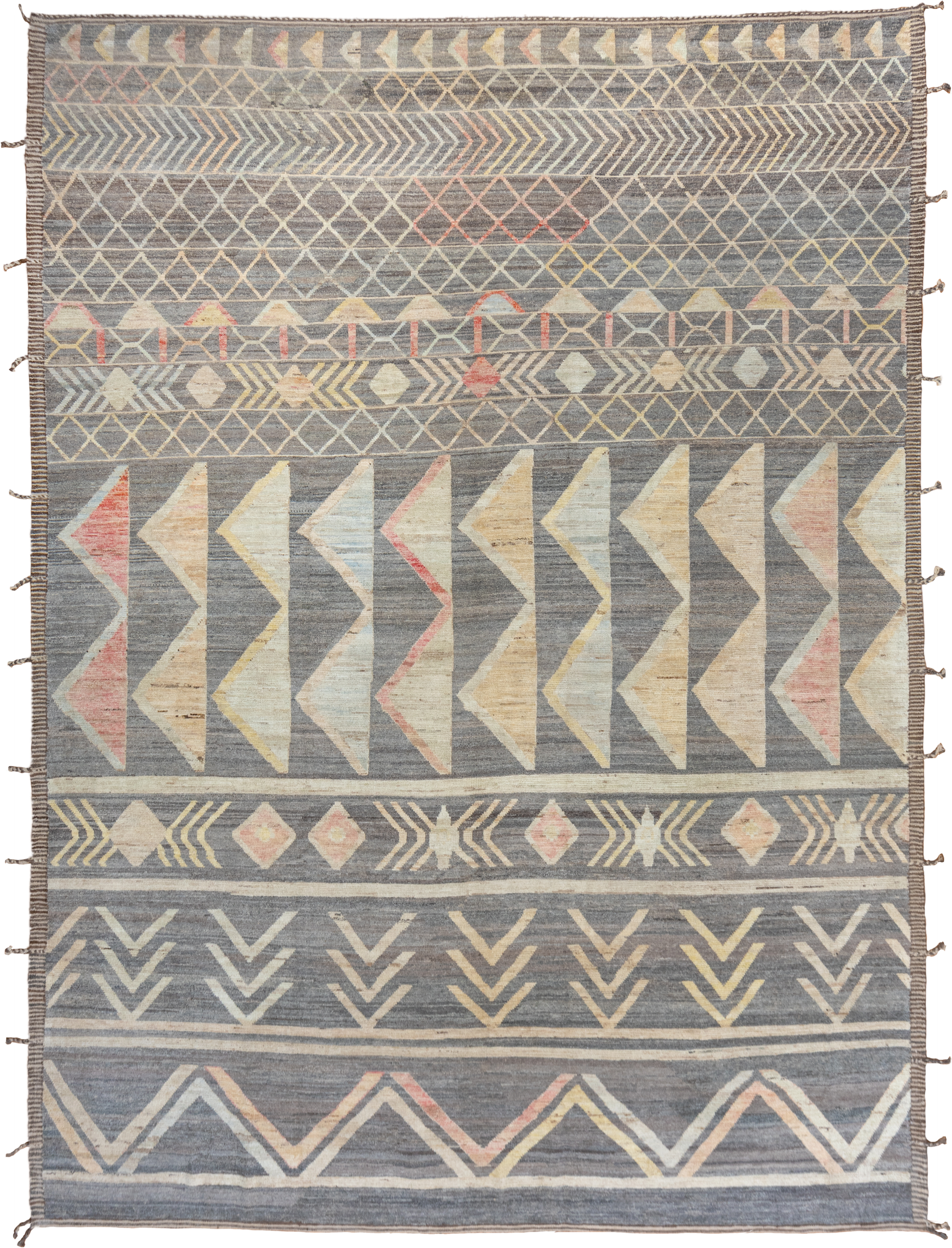 10' x 13' one-of-a-kind handmade vintage Tulu large size rug. Color palette: gray, ivory, blush, pale gold, light blue