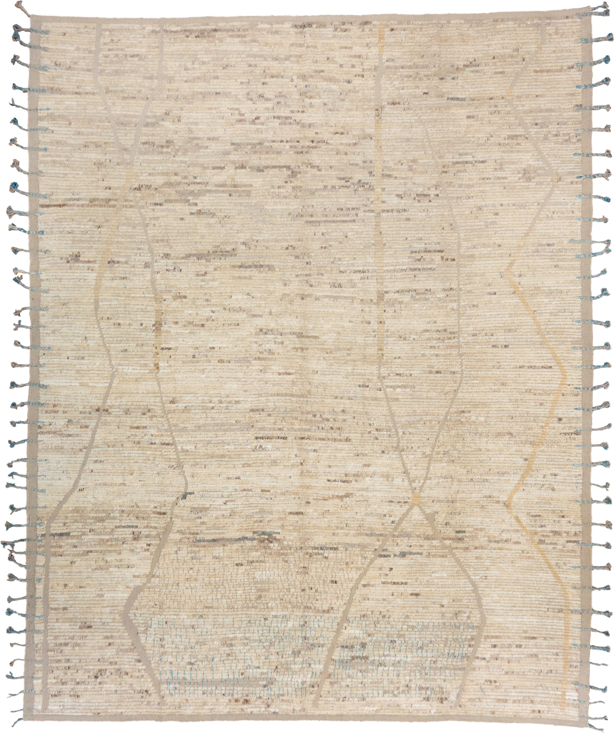 9' x 11' one-of-a-kind handmade vintage Tulu large size rug. Color palette: ivory, cream, taupe, beige, camel, pale blue