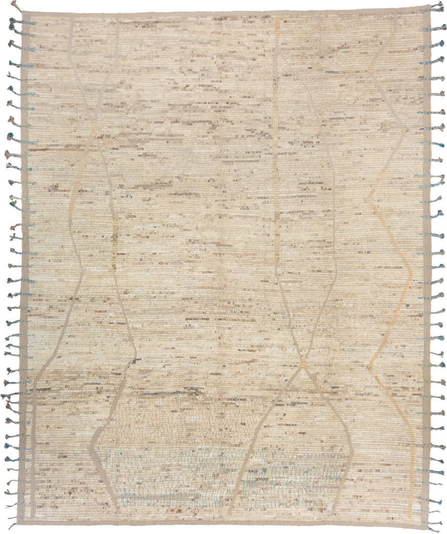 9' x 11' one-of-a-kind handmade vintage Tulu large size rug. Color palette: ivory, cream, taupe, beige, camel, pale blue