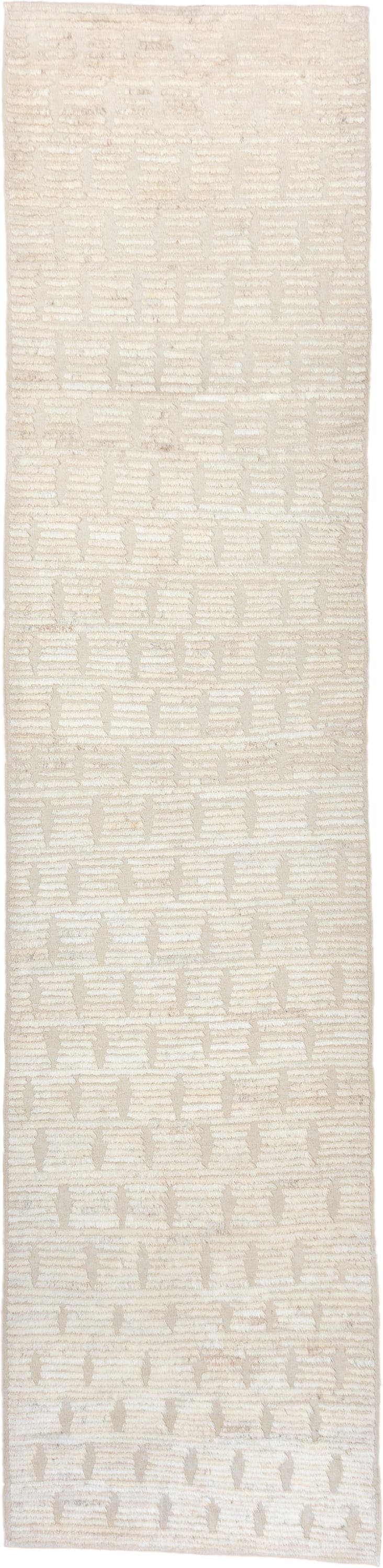 3' x 14' one-of-a-kind handmade vintage Tulu runner rug. Color palette: ivory, cream, beige, taupe, gray