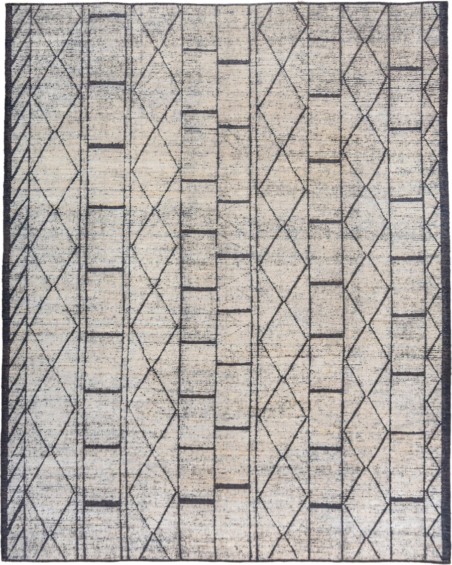 9' x 12' one-of-a-kind handmade vintage Tulu large size rug. Color palette: ivory, charcoal, slate, cream, gray, black