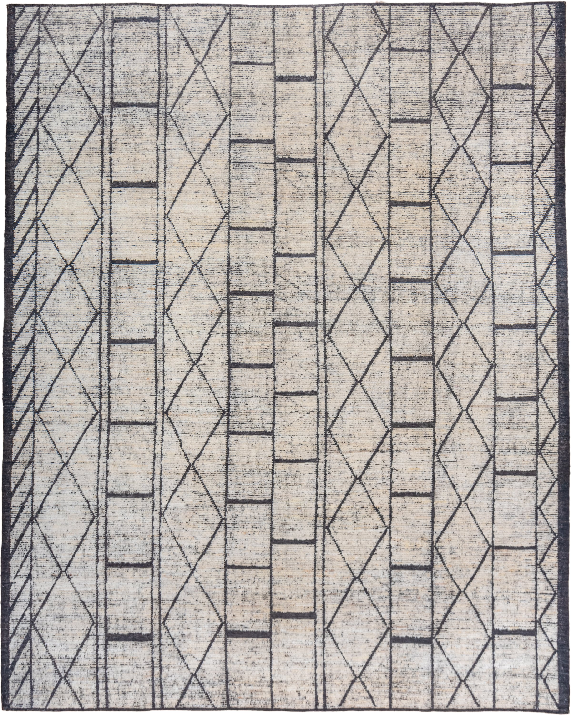 9' x 12' one-of-a-kind handmade vintage Tulu large size rug. Color palette: ivory, charcoal, slate, cream, gray, black