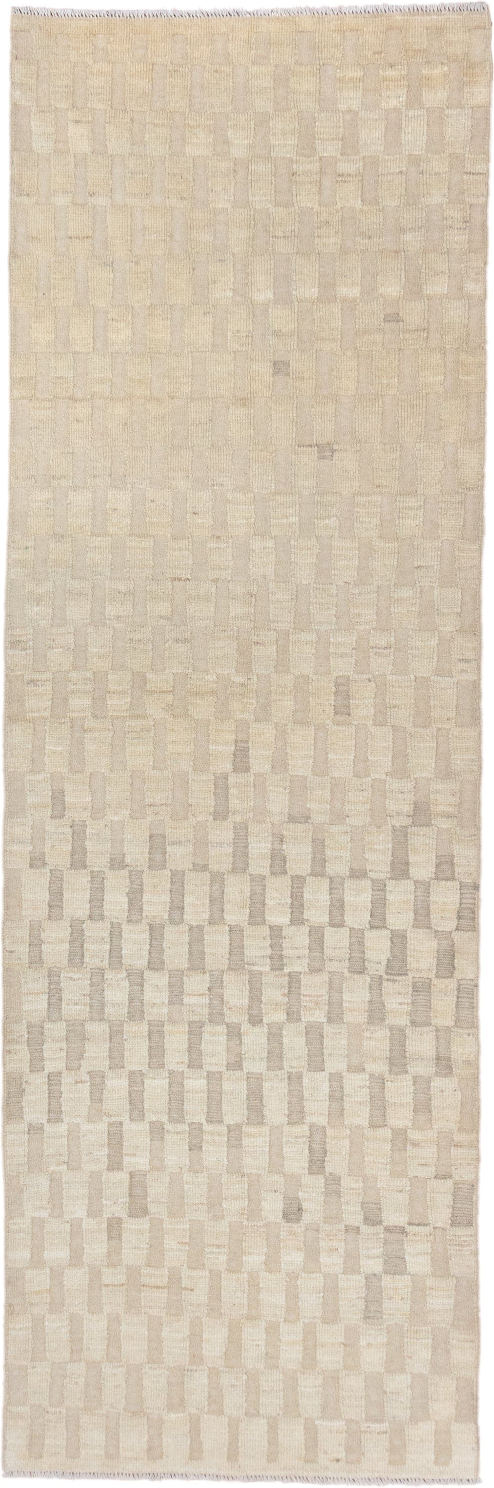 3' x 9' one-of-a-kind handmade vintage Tulu runner rug. Color palette: ivory, cream, beige, taupe, gray