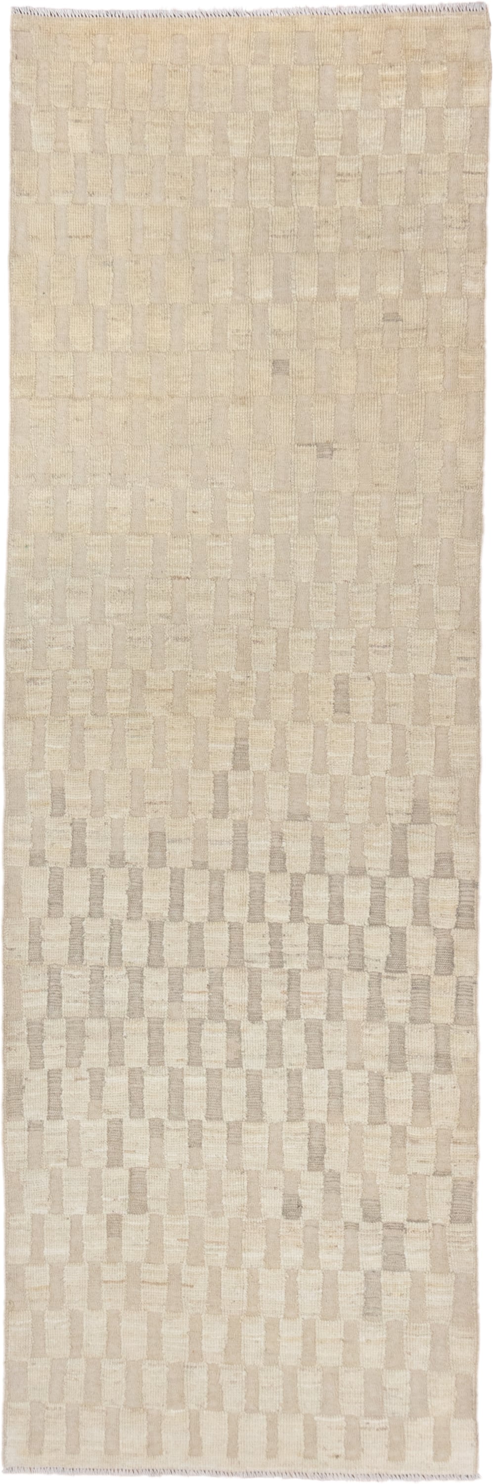 3' x 9' one-of-a-kind handmade vintage Tulu runner rug. Color palette: ivory, cream, beige, taupe, gray