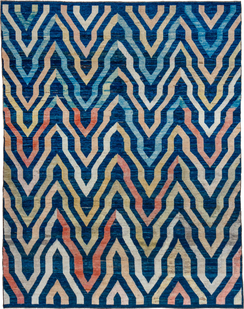 10' x 13' one-of-a-kind handmade vintage Tulu large size rug. Color palette: blue, ivory, sky_blue, blush, coral, gold, aqua