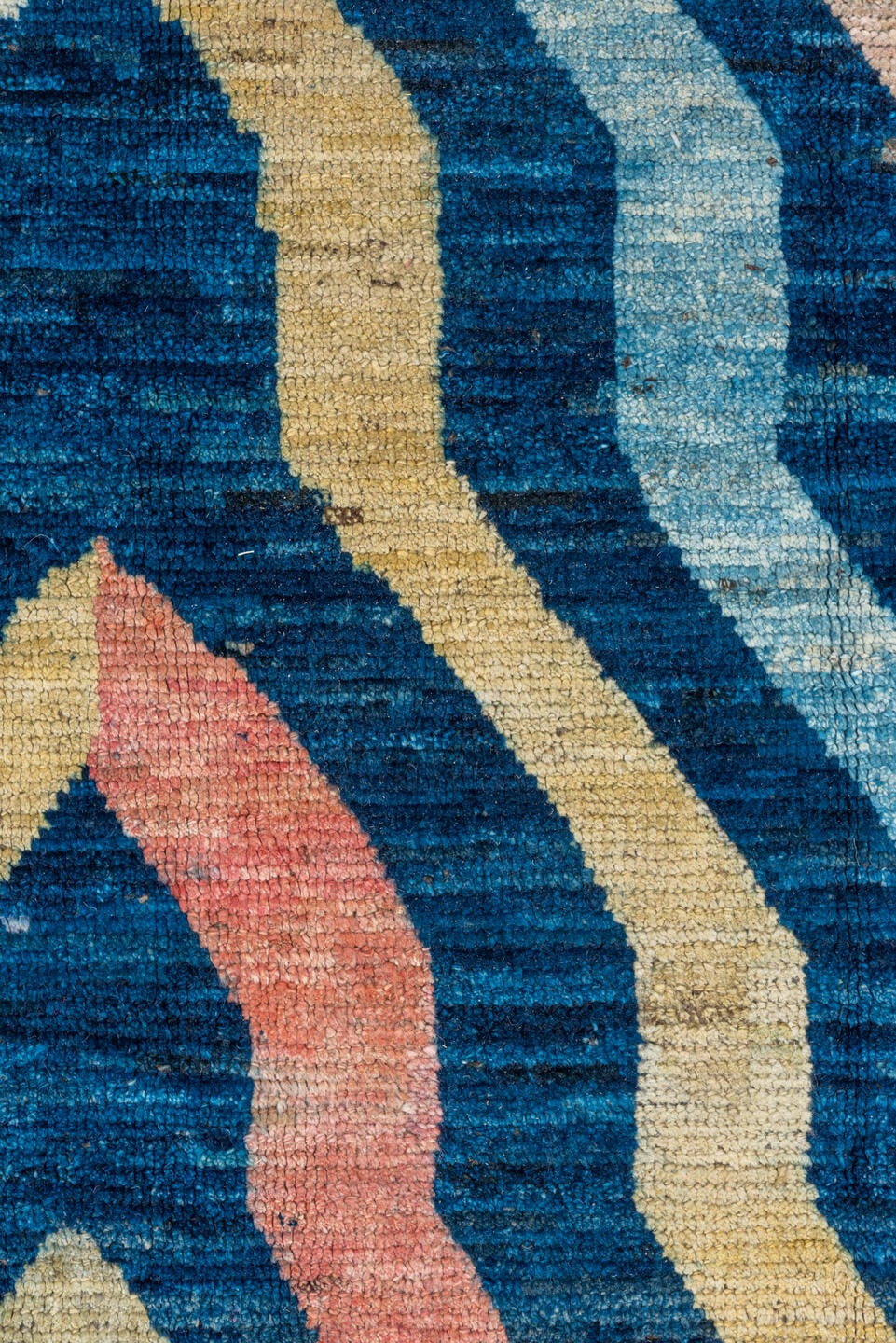 10' x 13' one-of-a-kind handmade vintage Tulu large size rug. Color palette: blue, ivory, sky_blue, blush, coral, gold, aqua