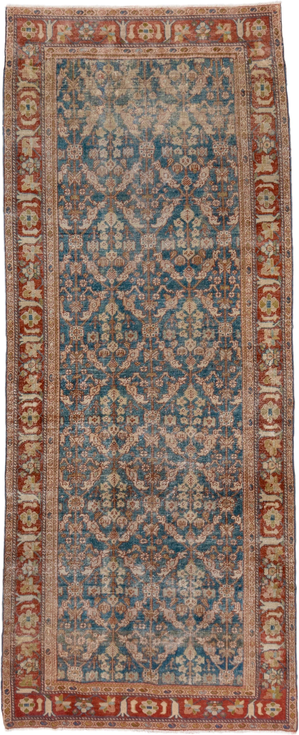 3' x 9' one-of-a-kind handmade antique Mahal runner rug. Color palette: blue, rust, ivory, camel, taupe, sage, gold
