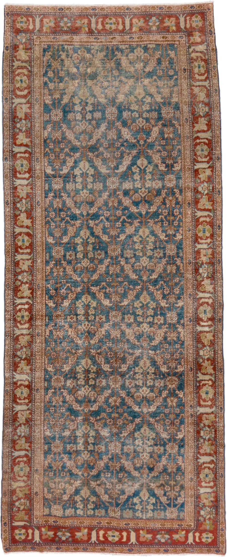 3' x 9' one-of-a-kind handmade antique Mahal runner rug. Color palette: blue, rust, ivory, camel, taupe, sage, gold