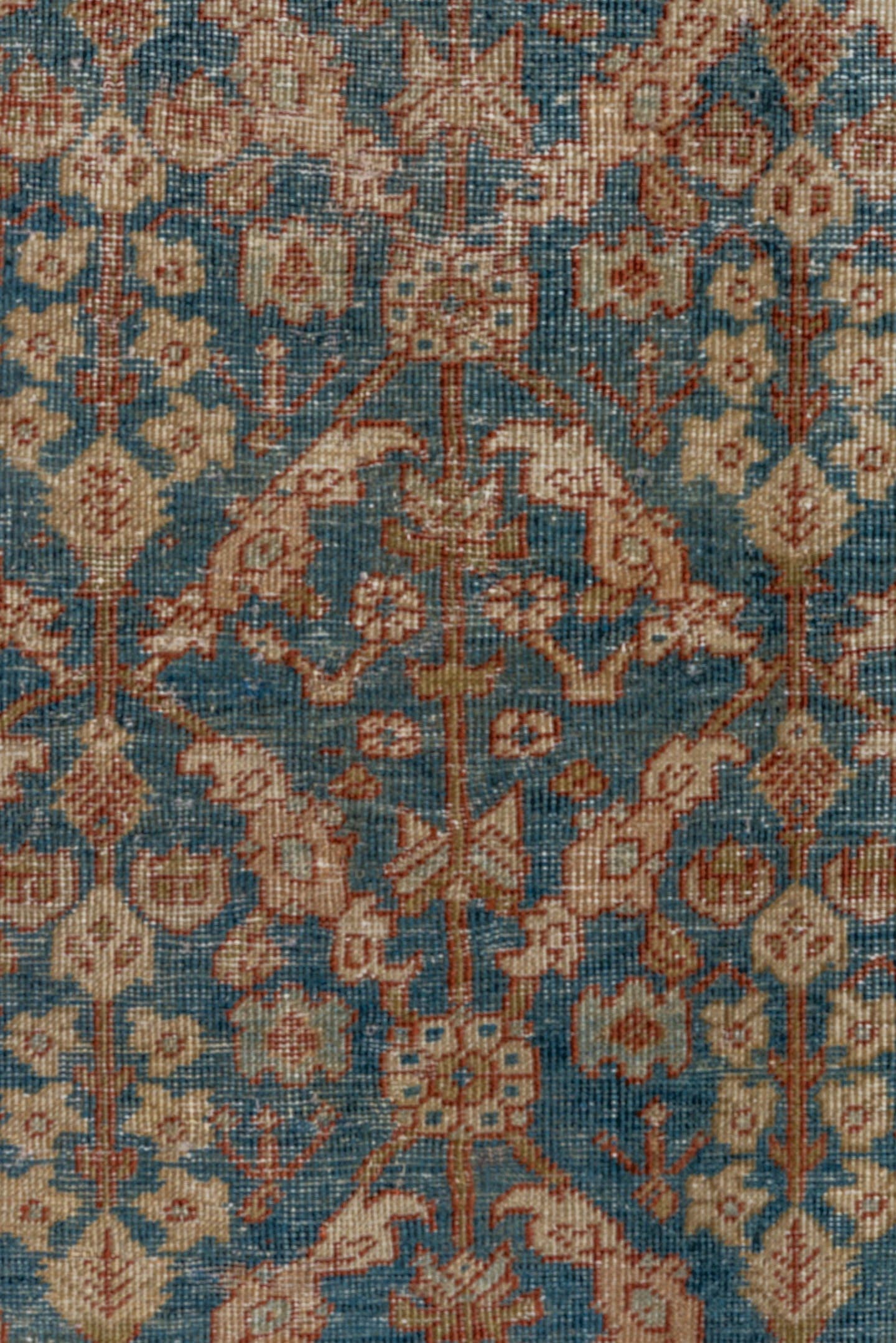 3' x 9' one-of-a-kind handmade antique Mahal runner rug. Color palette: blue, rust, ivory, camel, taupe, sage, gold