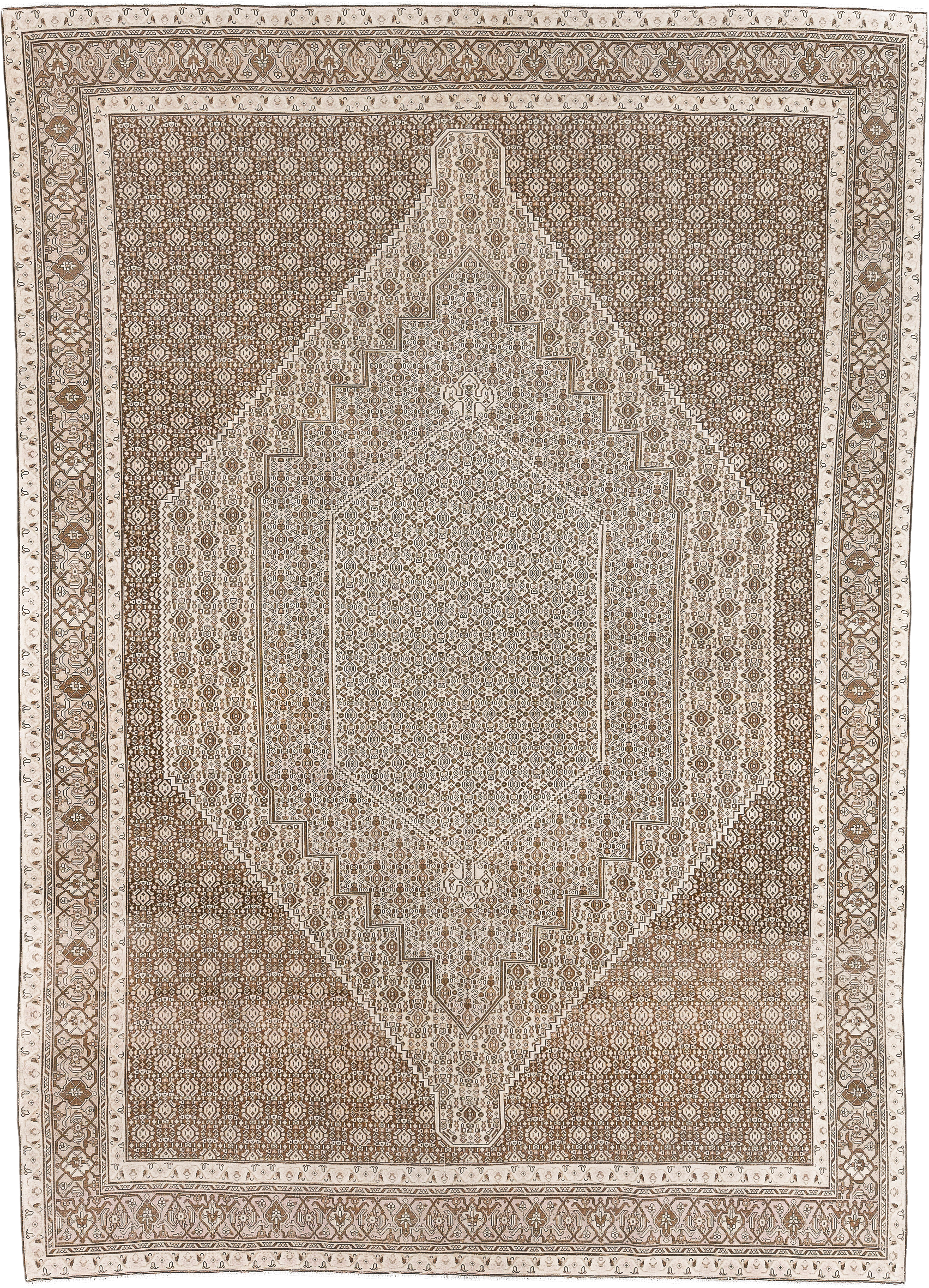 8' x 11' one-of-a-kind handmade antique Turkish large size rug. Color palette: ivory, camel, taupe, beige, light brown, gray