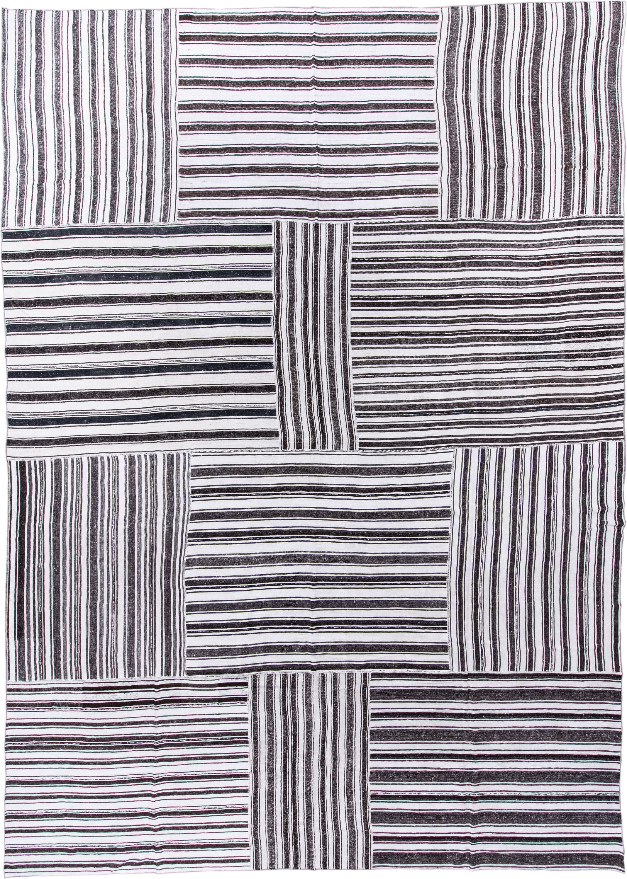 15' x 21' one-of-a-kind handmade antique Flatweave oversize rug. Color palette: ivory, charcoal, black, gray