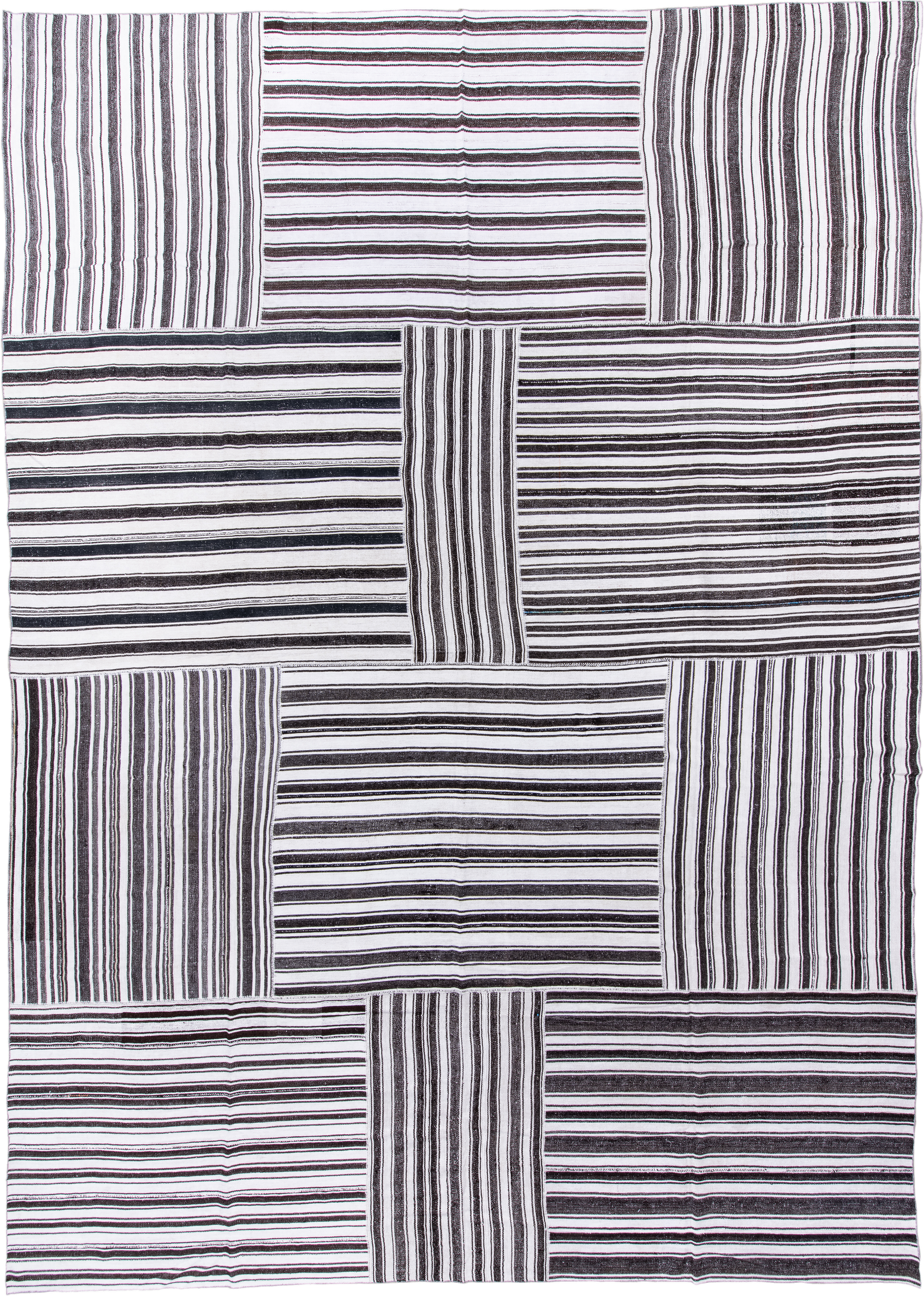 15' x 21' one-of-a-kind handmade antique Flatweave oversize rug. Color palette: ivory, charcoal, black, gray