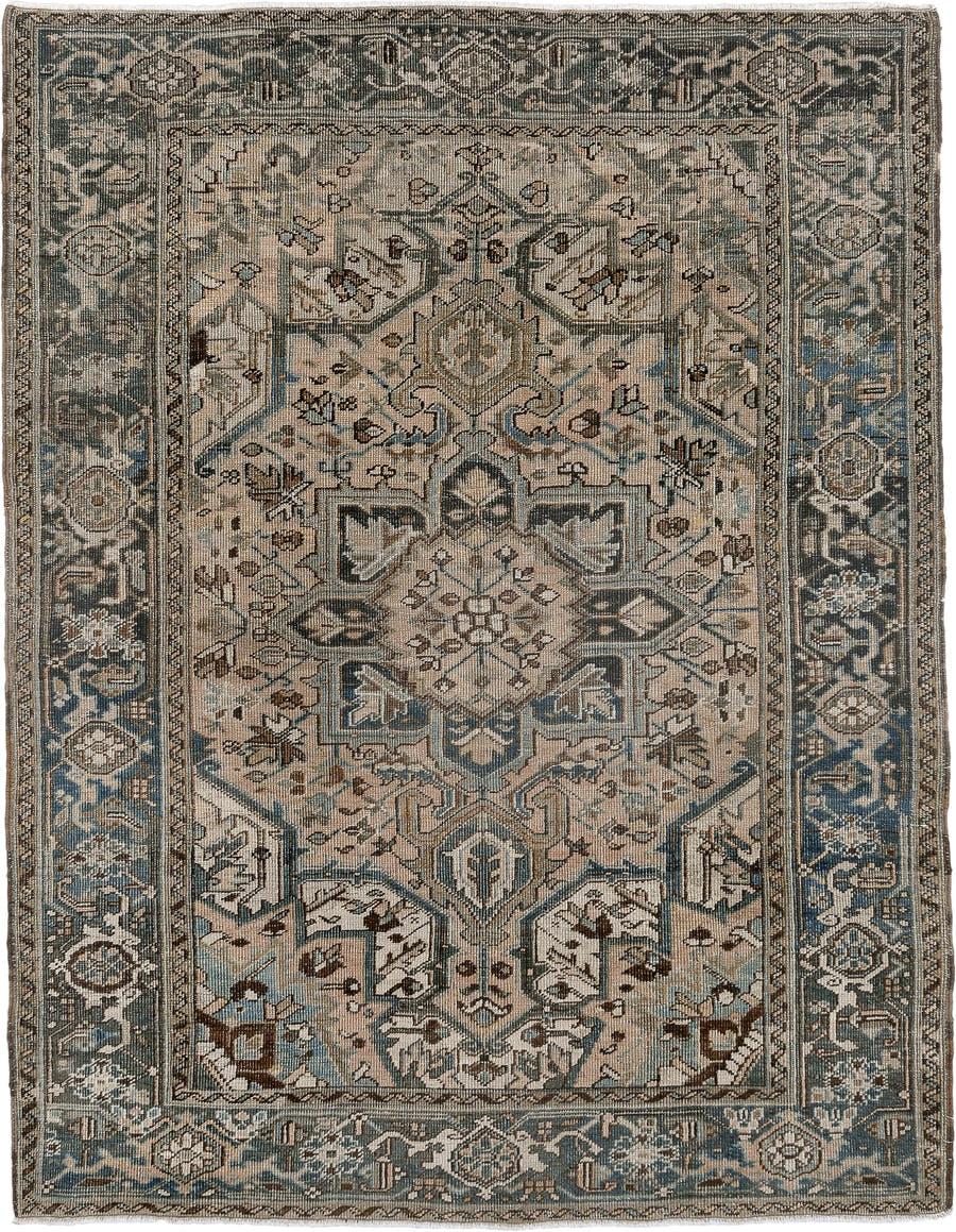 4' x 6' one-of-a-kind handmade vintage Heriz rug. Color palette: ivory, slate, taupe, sky blue, charcoal, brown, gray, beige
