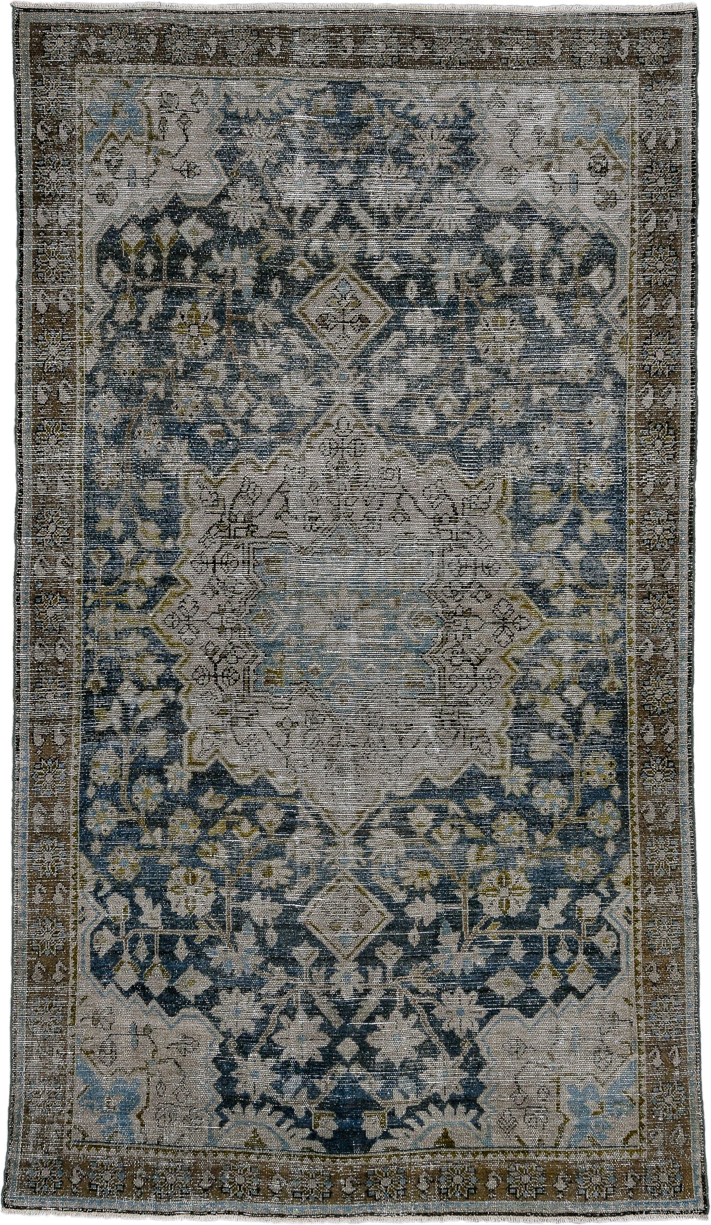 4' x 7' one-of-a-kind handmade antique Malayer rug. Color palette: ivory, indigo, brown, sky blue, taupe, olive, purple
