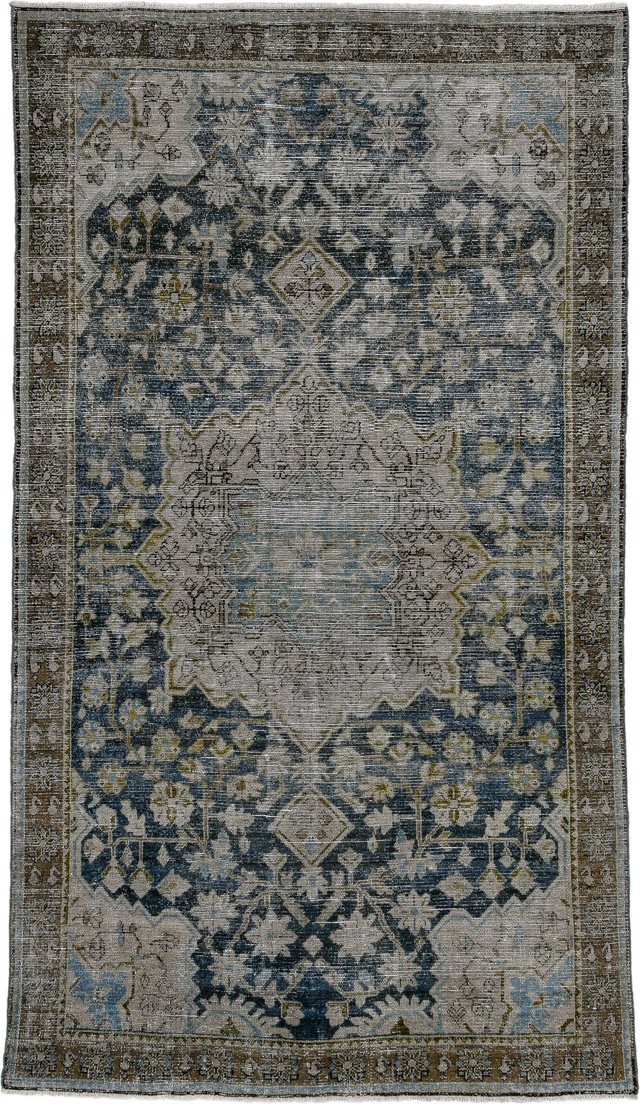 4' x 7' one-of-a-kind handmade antique Malayer rug. Color palette: ivory, indigo, brown, sky blue, taupe, olive, purple