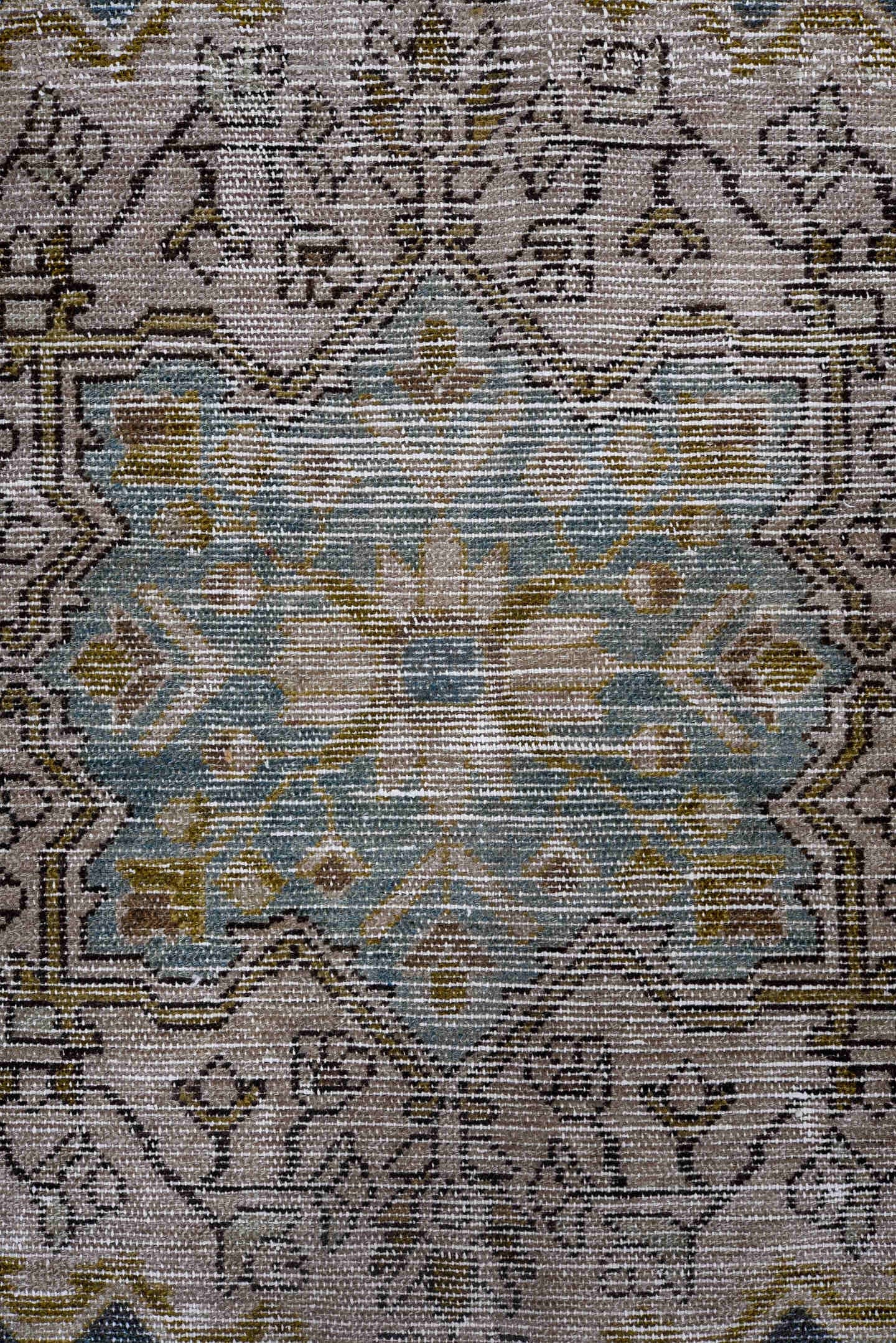 4' x 7' one-of-a-kind handmade antique Malayer rug. Color palette: ivory, indigo, brown, sky blue, taupe, olive, purple