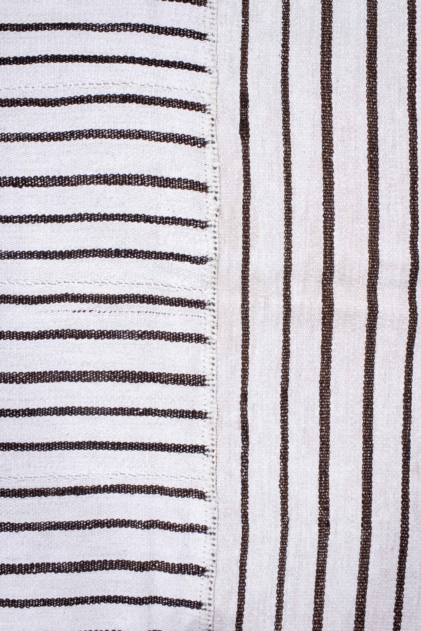 11' x 16' one-of-a-kind handmade antique Flatweave oversize rug. Color palette: ivory, charcoal, gray, black