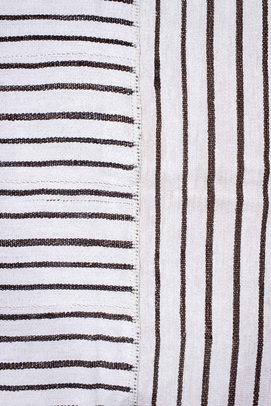 11' x 16' one-of-a-kind handmade antique Flatweave oversize rug. Color palette: ivory, charcoal, gray, black