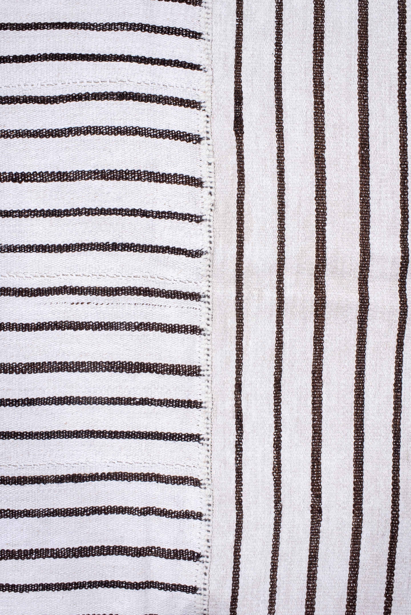 11' x 16' one-of-a-kind handmade antique Flatweave oversize rug. Color palette: ivory, charcoal, gray, black