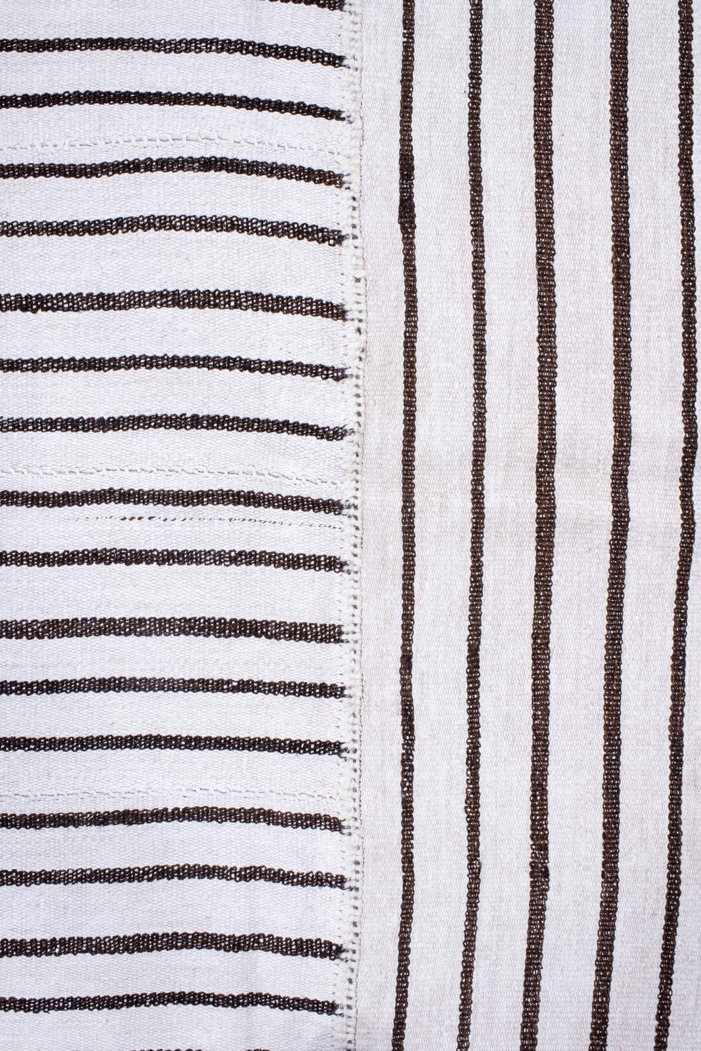 11' x 16' one-of-a-kind handmade antique Flatweave oversize rug. Color palette: ivory, charcoal, gray, black