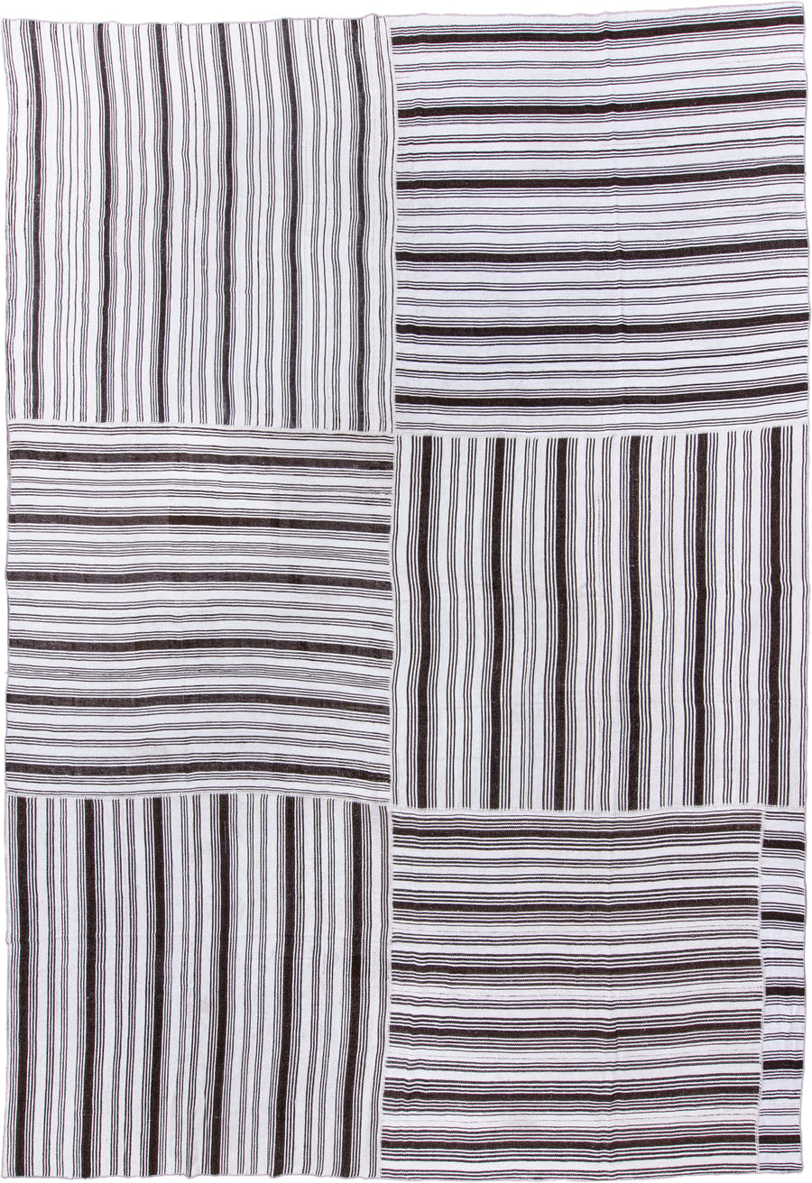 12' x 18' one-of-a-kind handmade antique Flatweave oversize rug. Color palette: ivory, dark brown, brown