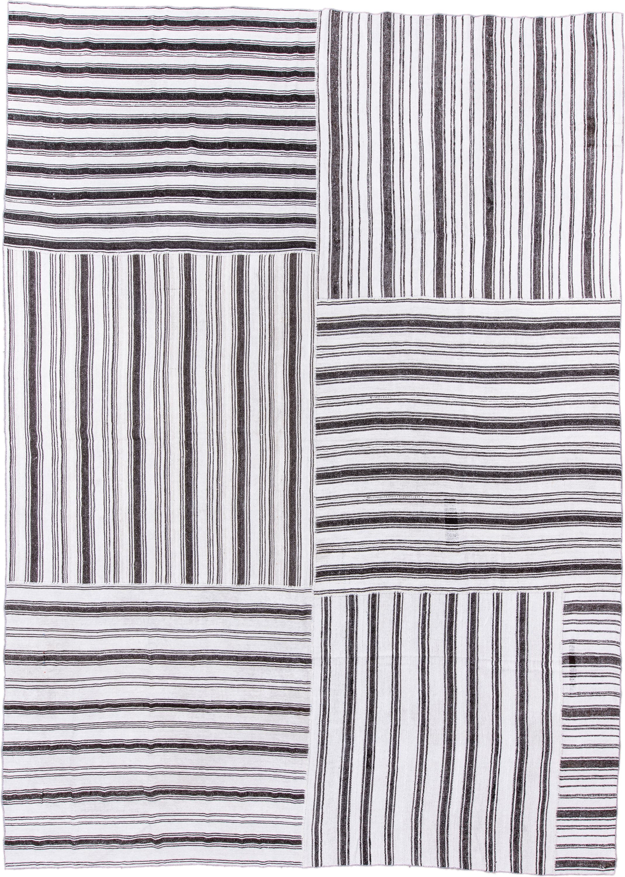 12' x 16' one-of-a-kind handmade antique Flatweave oversize rug. Color palette: ivory, charcoal, gray, black