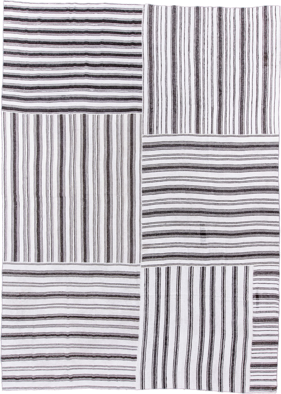12' x 16' one-of-a-kind handmade antique Flatweave oversize rug. Color palette: ivory, charcoal, gray, black