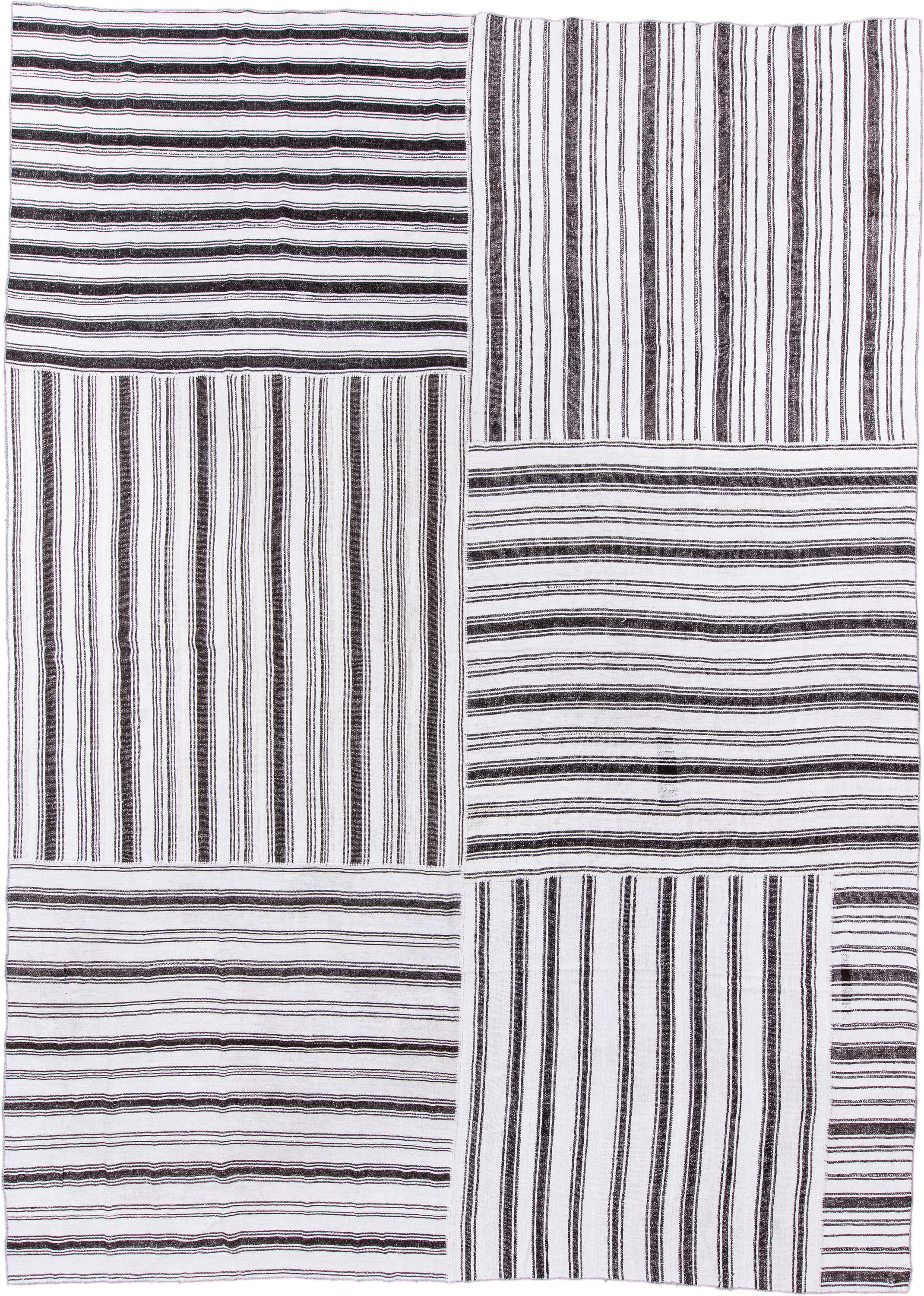 12' x 16' one-of-a-kind handmade antique Flatweave oversize rug. Color palette: ivory, charcoal, gray, black