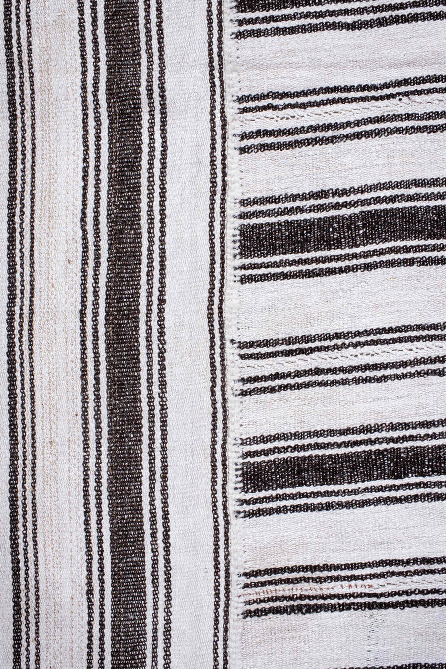 12' x 16' one-of-a-kind handmade antique Flatweave oversize rug. Color palette: ivory, charcoal, gray, black
