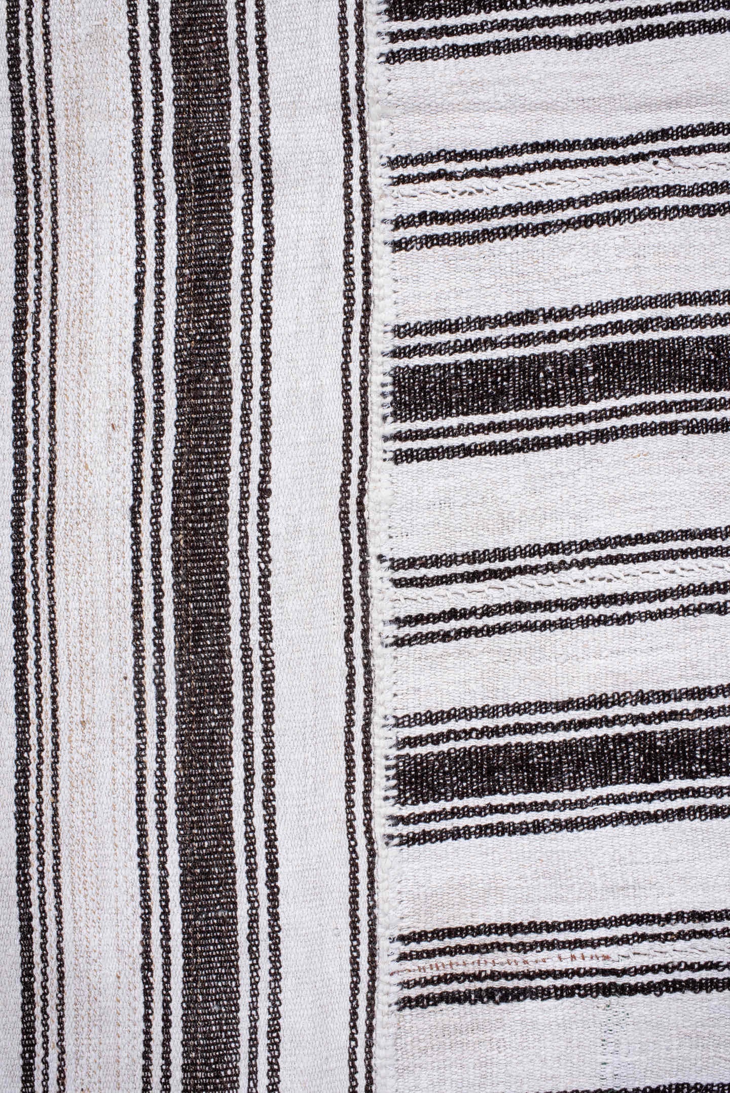12' x 16' one-of-a-kind handmade antique Flatweave oversize rug. Color palette: ivory, charcoal, gray, black