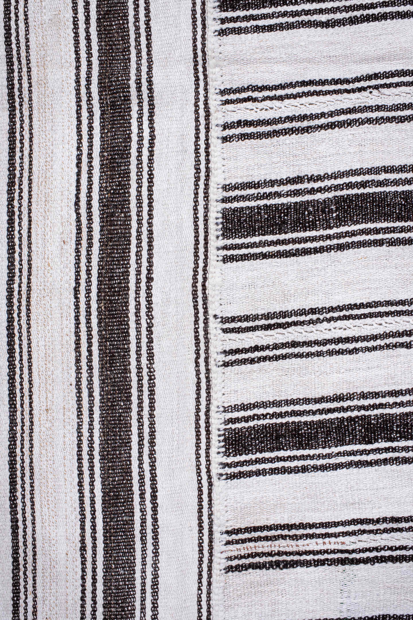 12' x 16' one-of-a-kind handmade antique Flatweave oversize rug. Color palette: ivory, charcoal, gray, black