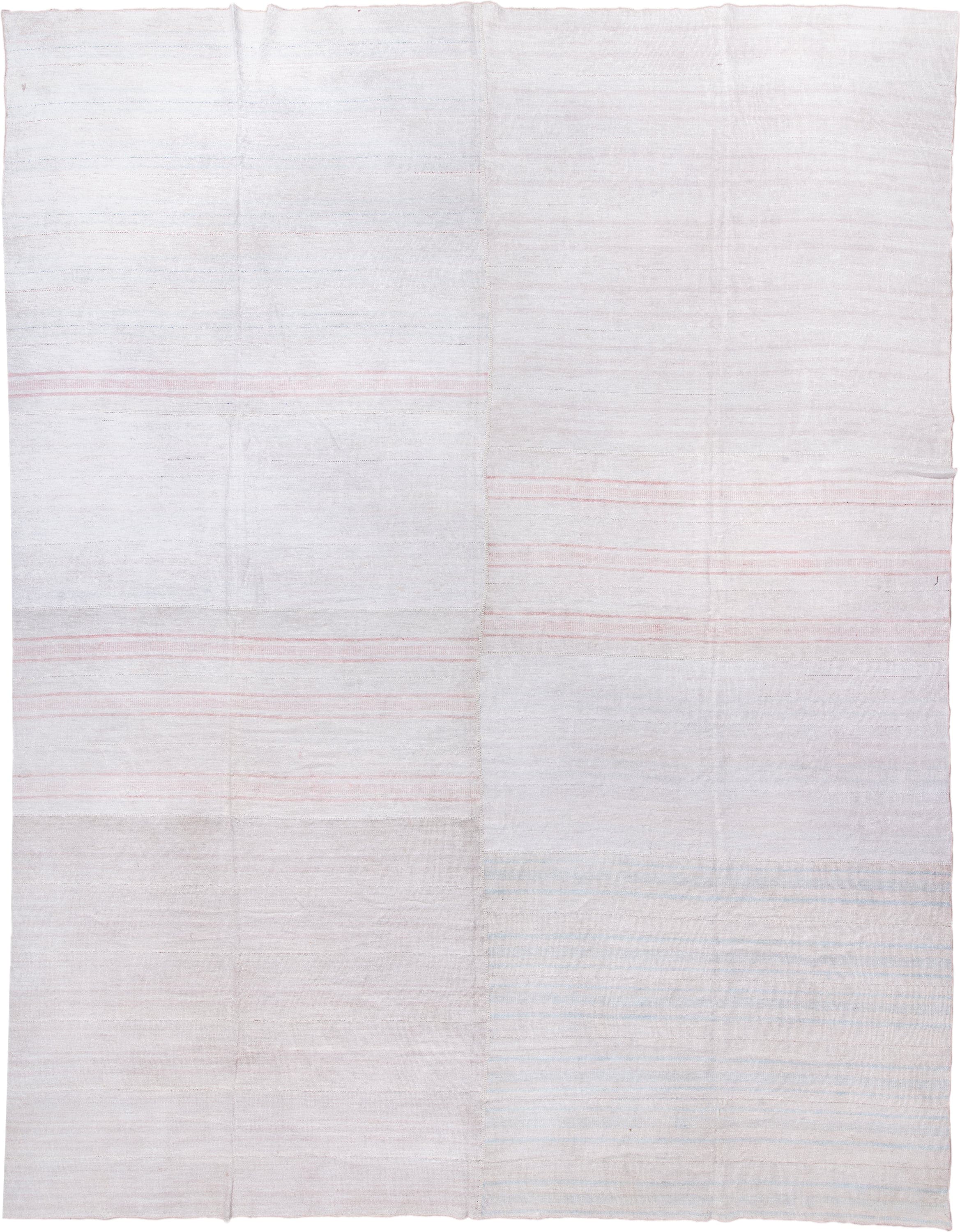 15' x 19' one-of-a-kind handmade antique Flatweave oversize rug. Color palette: ivory, blush, pale blue, cream, pink