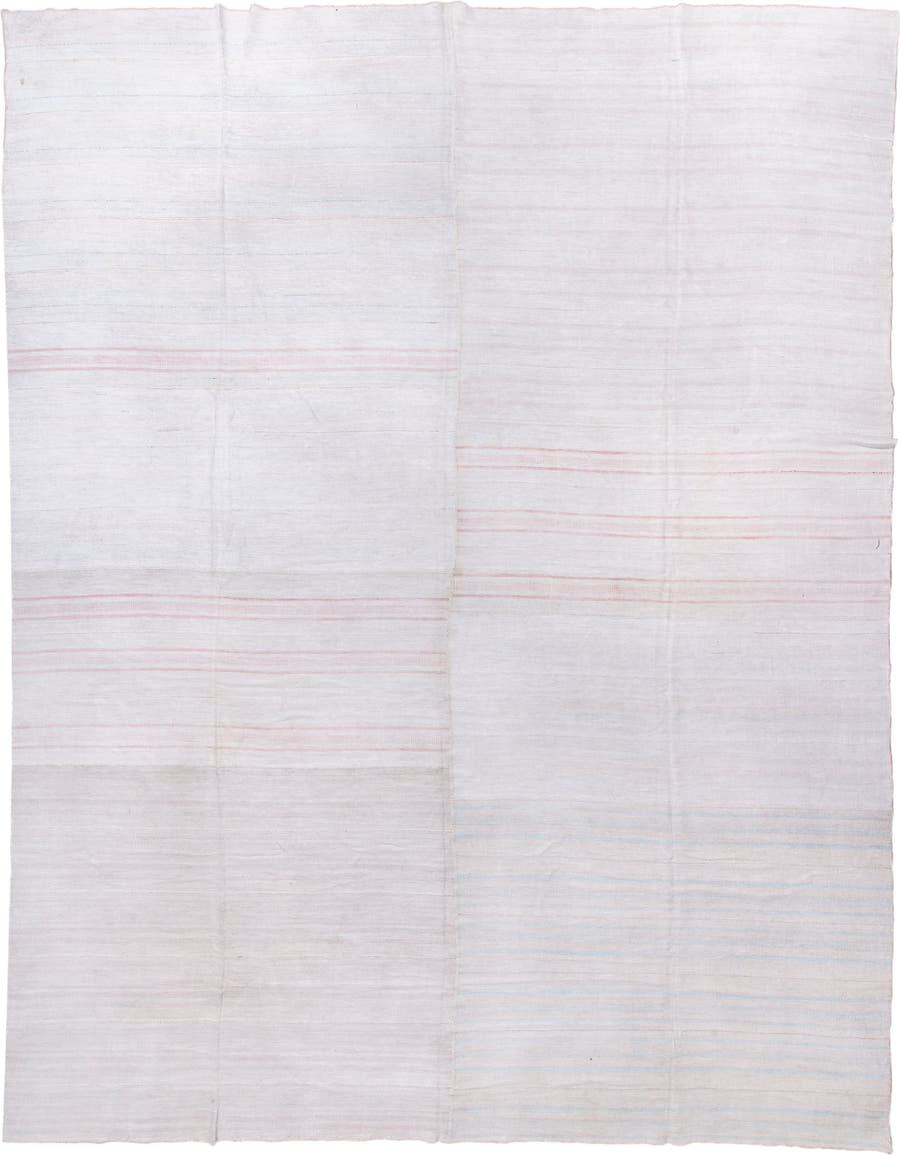 15' x 19' one-of-a-kind handmade antique Flatweave oversize rug. Color palette: ivory, blush, pale blue, cream, pink