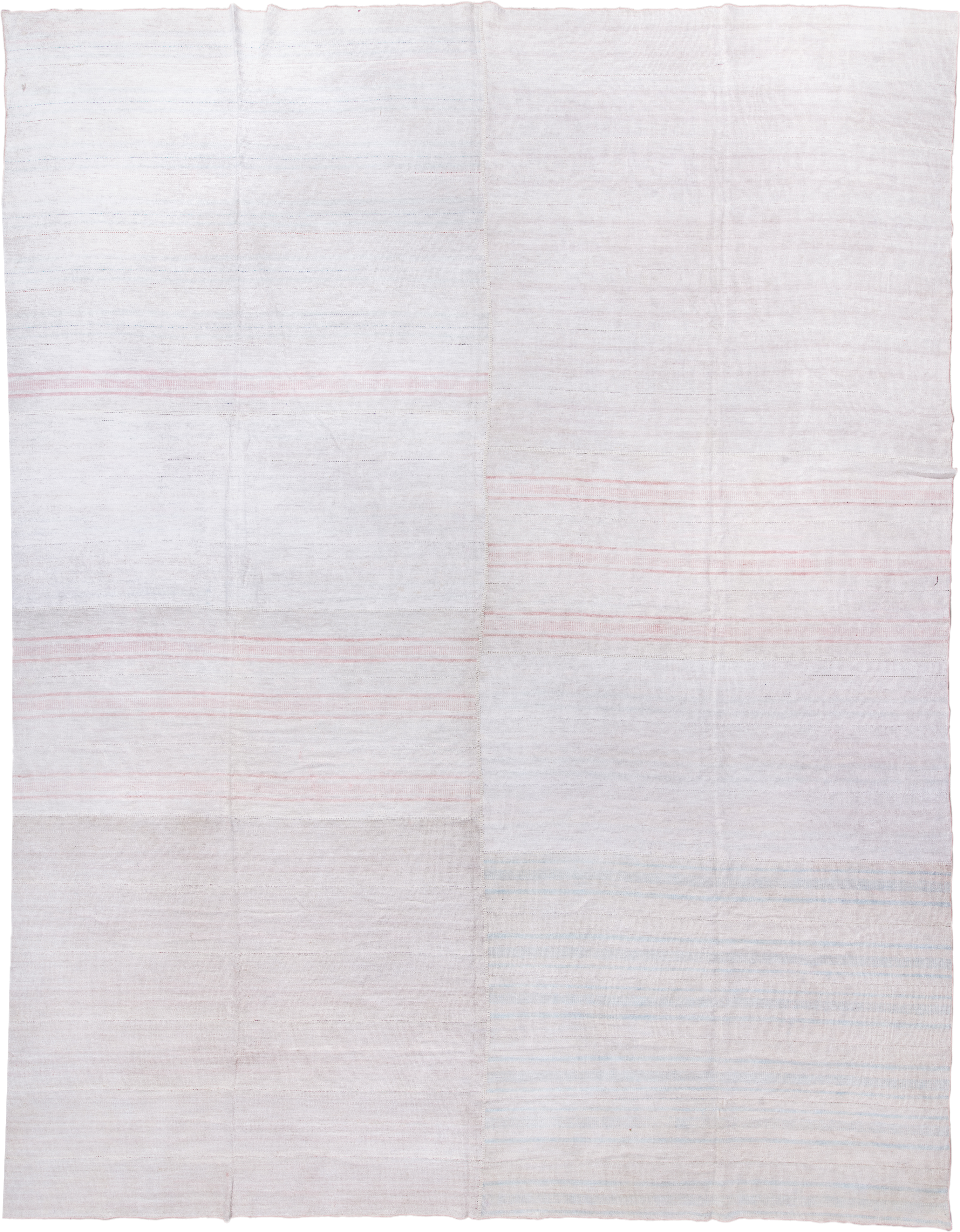 15' x 19' one-of-a-kind handmade antique Flatweave oversize rug. Color palette: ivory, blush, pale blue, cream, pink