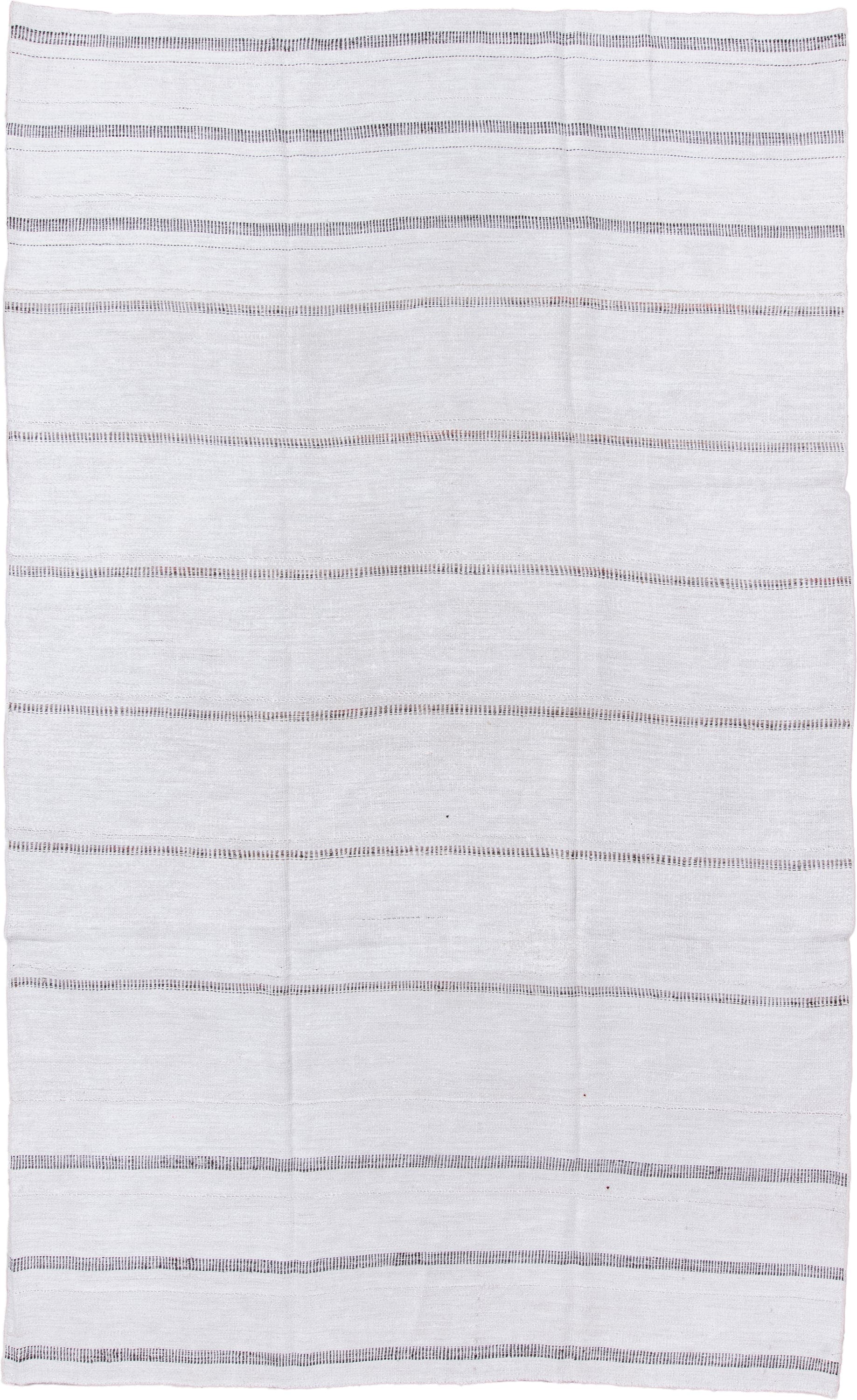 7' x 12' one-of-a-kind handmade vintage Flatweave large size rug. Color palette: ivory, charcoal, taupe, rose, gray, black