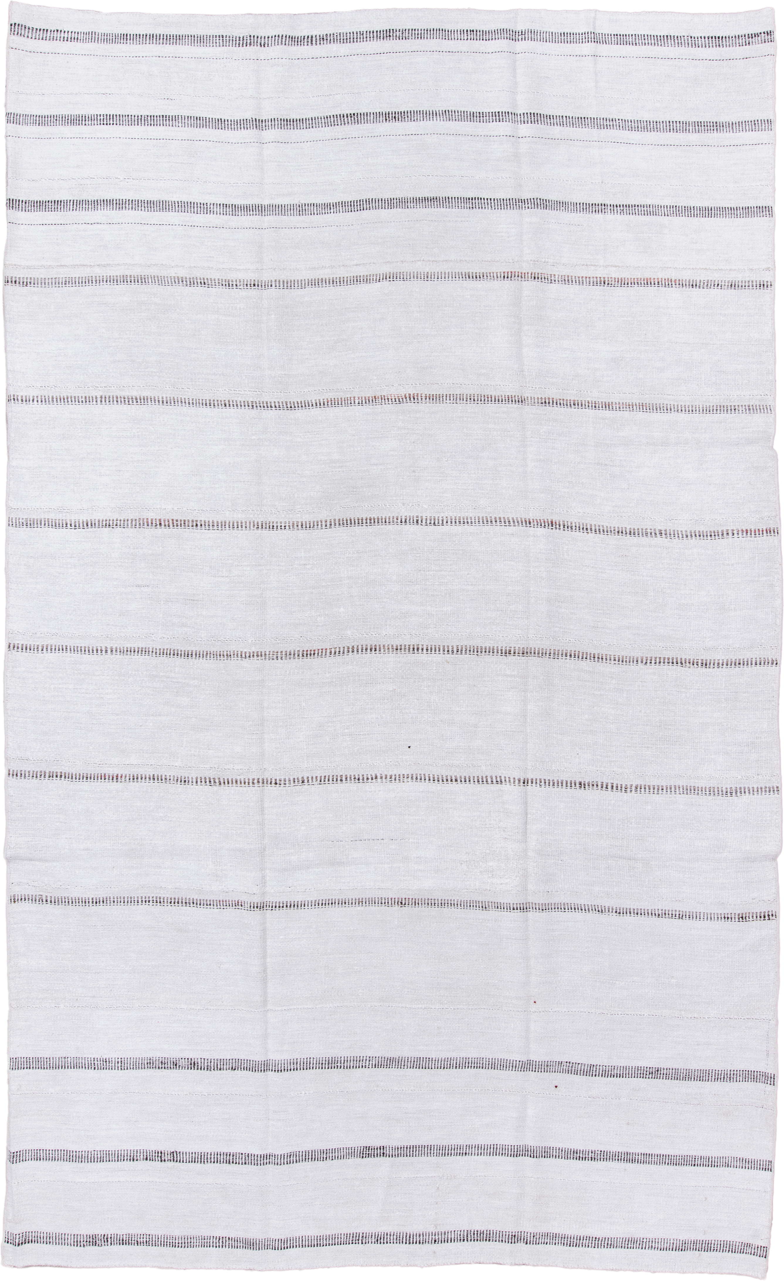 7' x 12' one-of-a-kind handmade vintage Flatweave large size rug. Color palette: ivory, charcoal, taupe, rose, gray, black