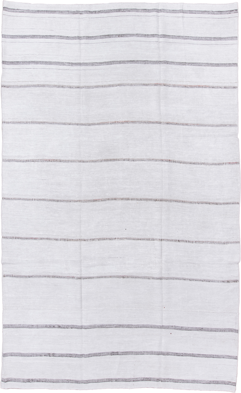 7' x 12' one-of-a-kind handmade vintage Flatweave large size rug. Color palette: ivory, charcoal, taupe, rose, gray, black