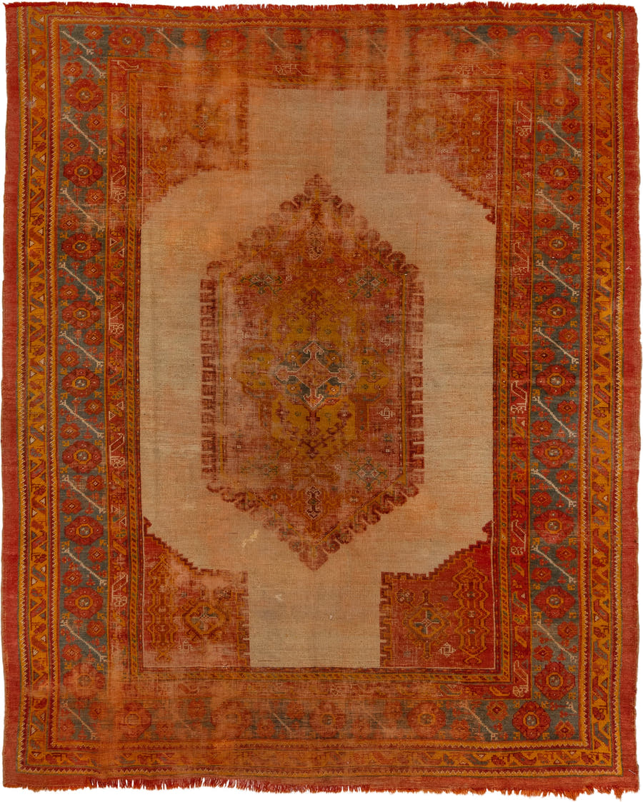 8' x 9' one-of-a-kind handmade vintage Oushak rug. Color palette: peach, rust, terra cotta, ivory, slate, gold, rose