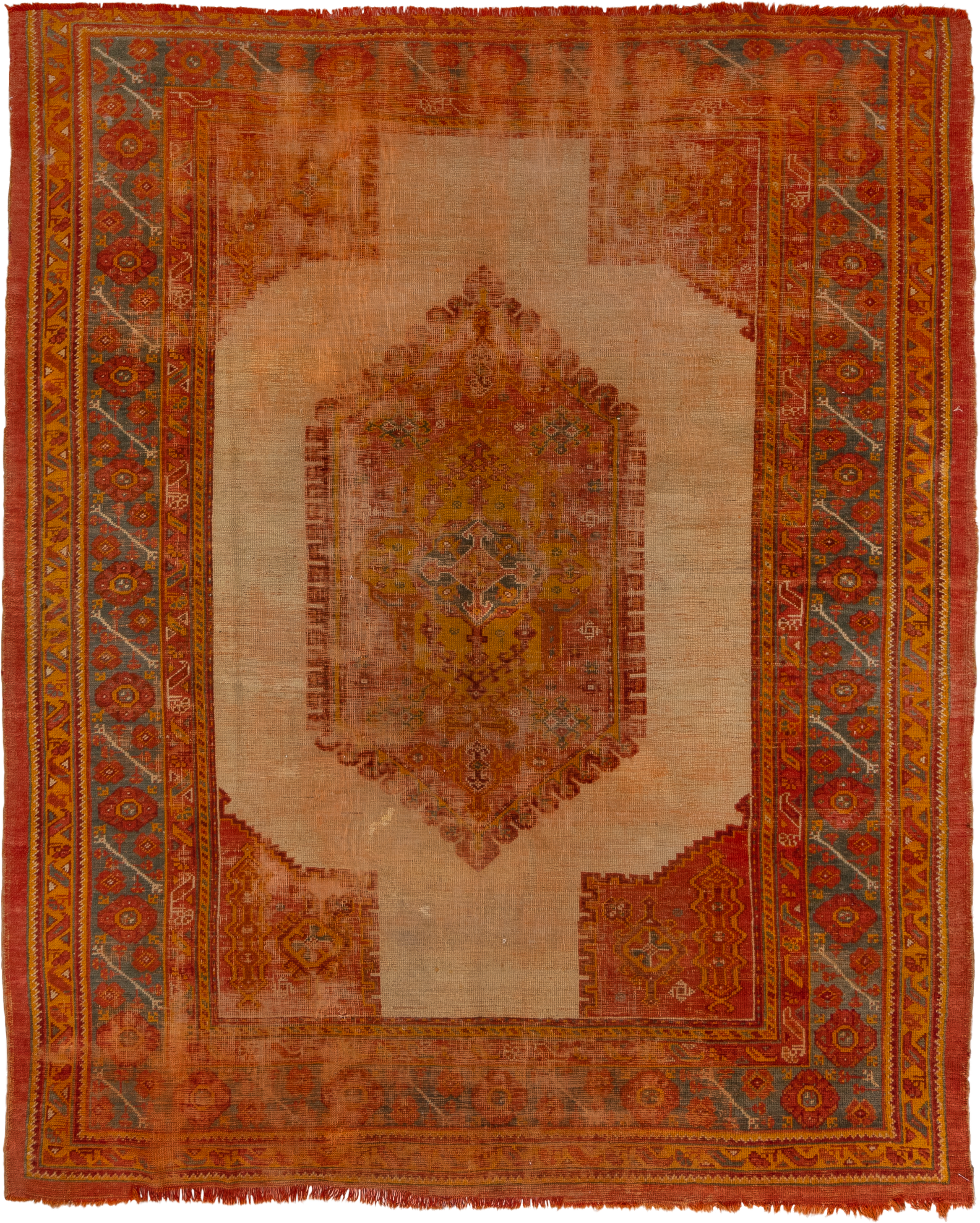 8' x 9' one-of-a-kind handmade vintage Oushak rug. Color palette: peach, rust, terra cotta, ivory, slate, gold, rose