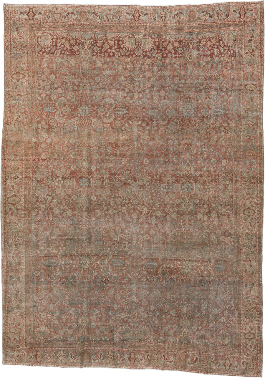 8' x 11' one-of-a-kind handmade vintage Far.Sarouk large size rug. Color palette: terracotta, ivory, sage, muted blue, taupe