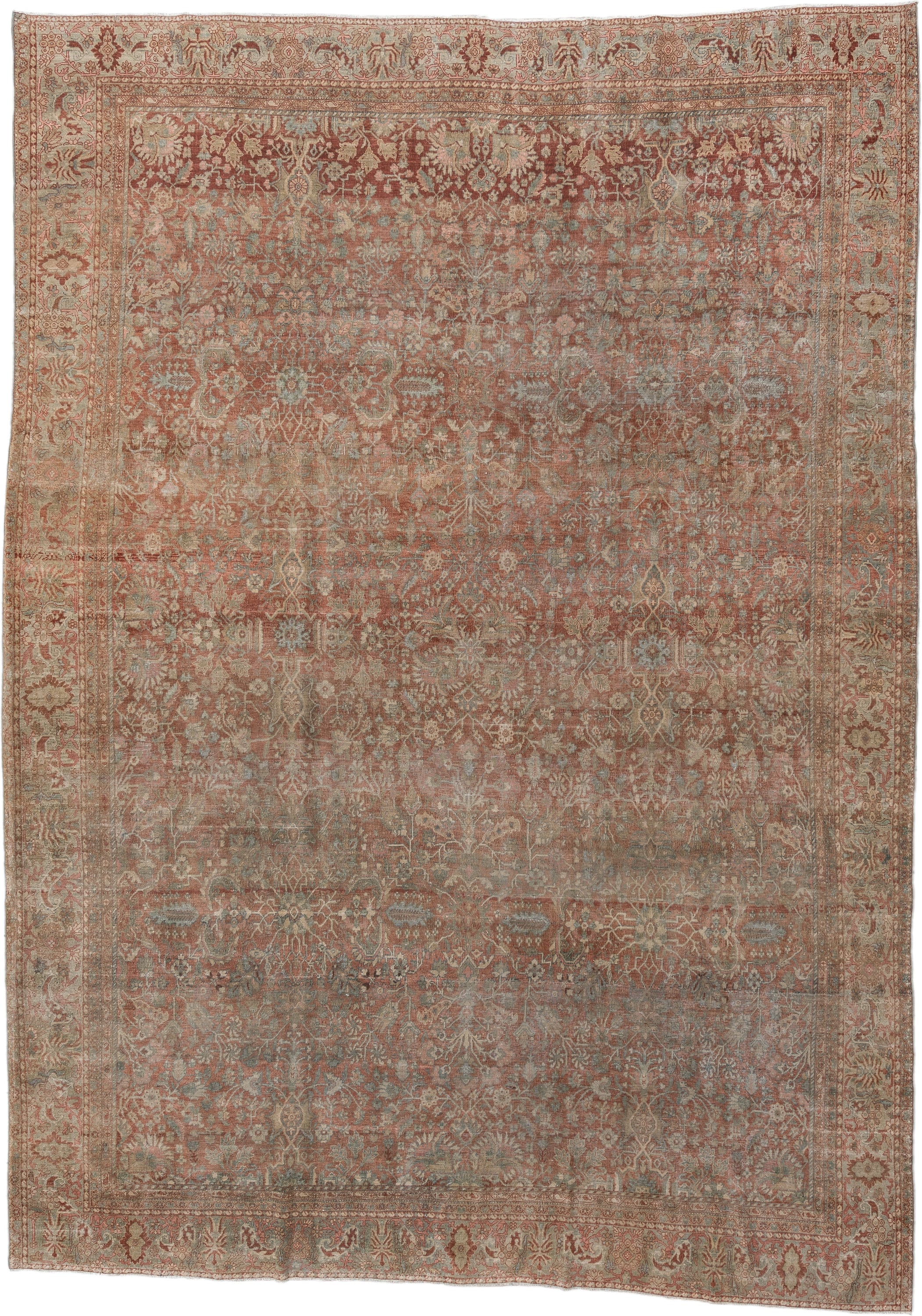 8' x 11' one-of-a-kind handmade vintage Far.Sarouk large size rug. Color palette: terracotta, ivory, sage, muted blue, taupe