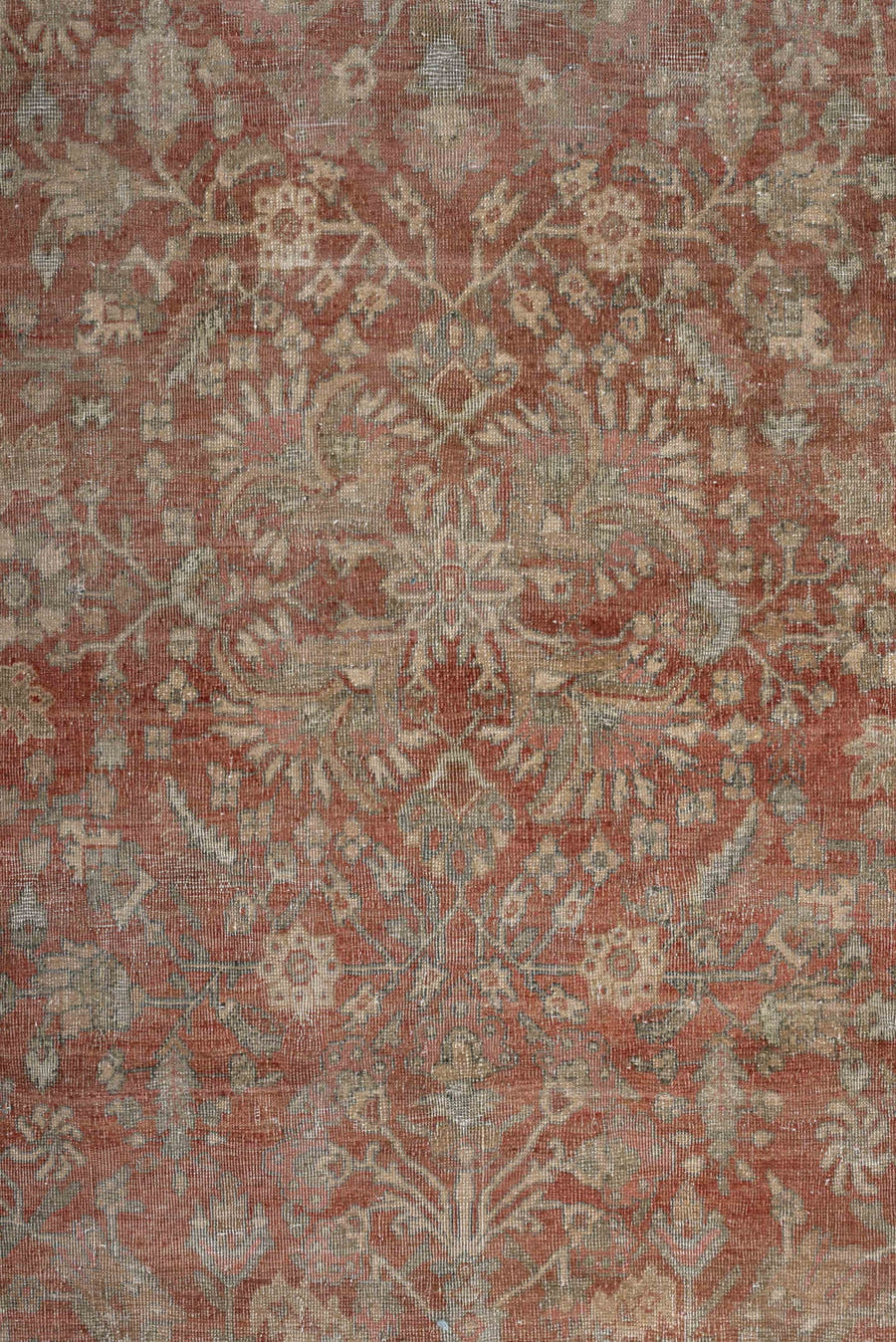 8' x 11' one-of-a-kind handmade vintage Far.Sarouk large size rug. Color palette: terracotta, ivory, sage, muted blue, taupe