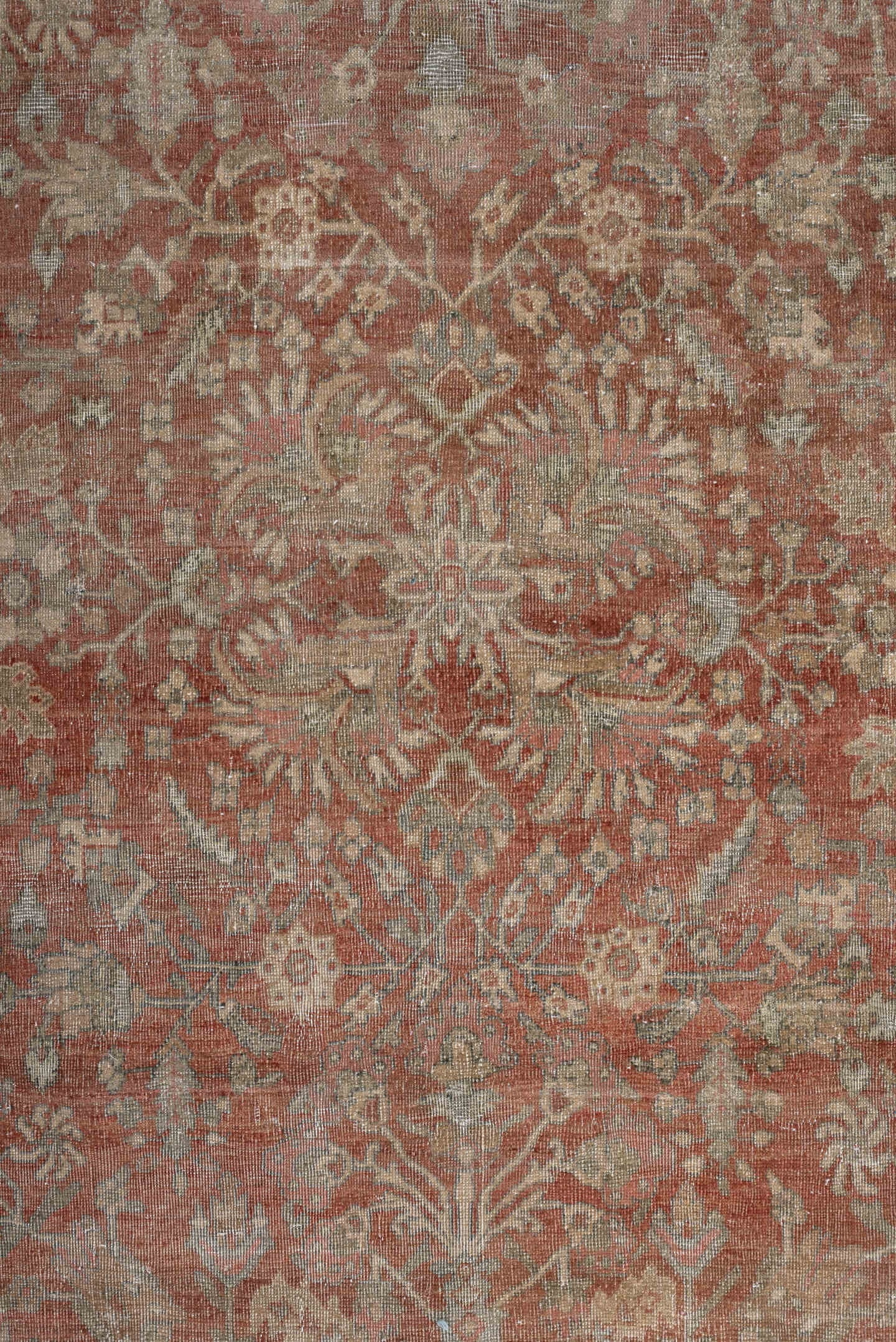 8' x 11' one-of-a-kind handmade vintage Far.Sarouk large size rug. Color palette: terracotta, ivory, sage, muted blue, taupe