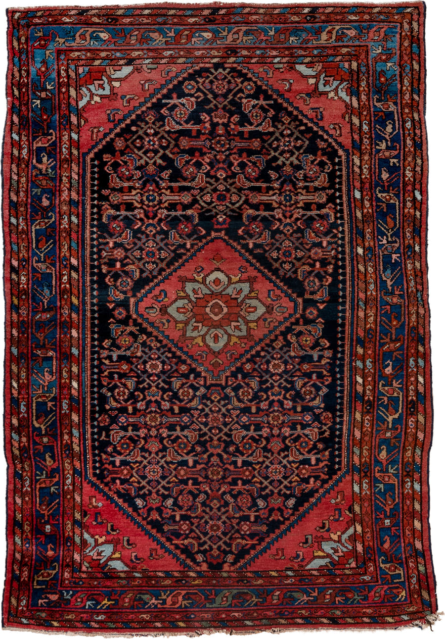 4' x 6' one-of-a-kind handmade vintage Malayer small size rug. Color palette: navy, coral, cobalt, rust, ivory, rose, camel