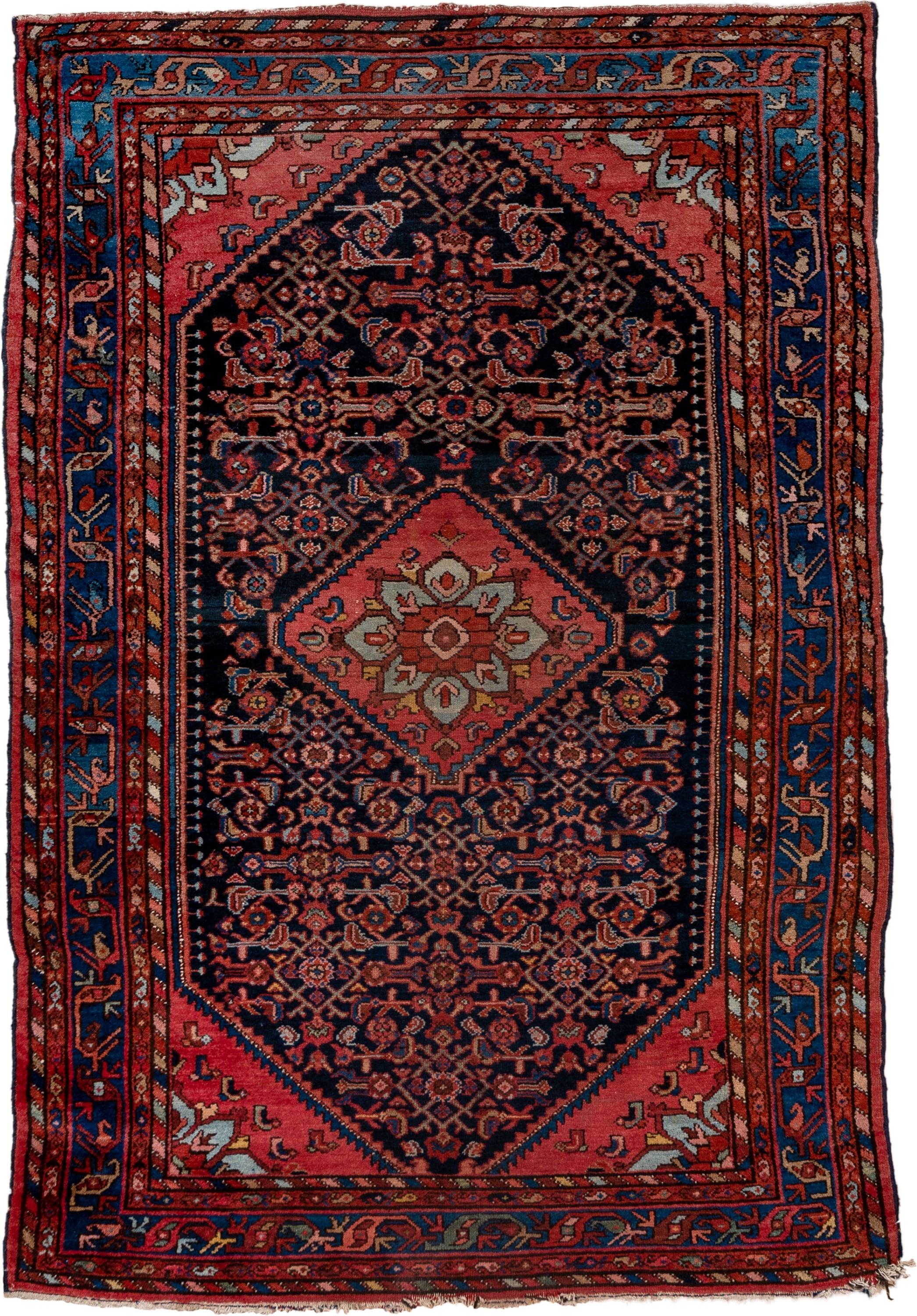 4' x 6' one-of-a-kind handmade vintage Malayer small size rug. Color palette: navy, coral, cobalt, rust, ivory, rose, camel