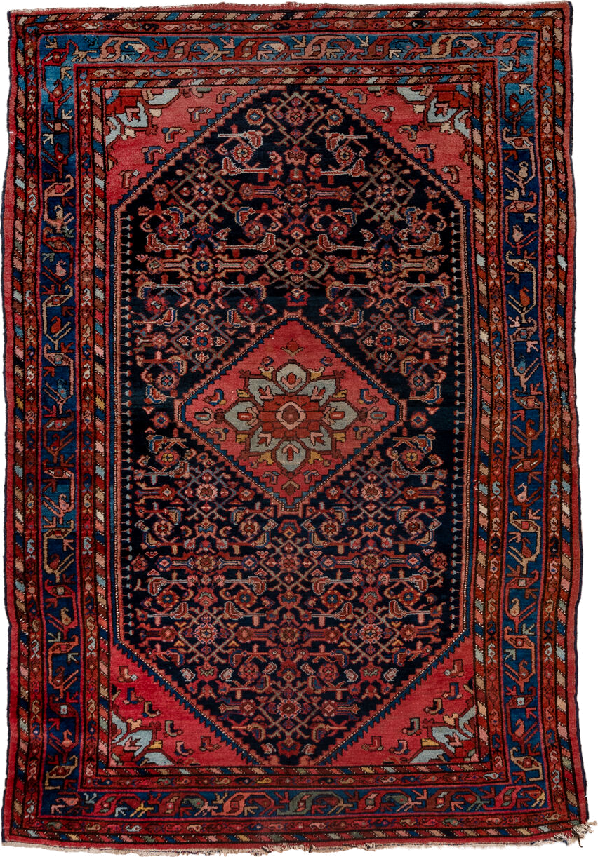 4' x 6' one-of-a-kind handmade vintage Malayer small size rug. Color palette: navy, coral, cobalt, rust, ivory, rose, camel